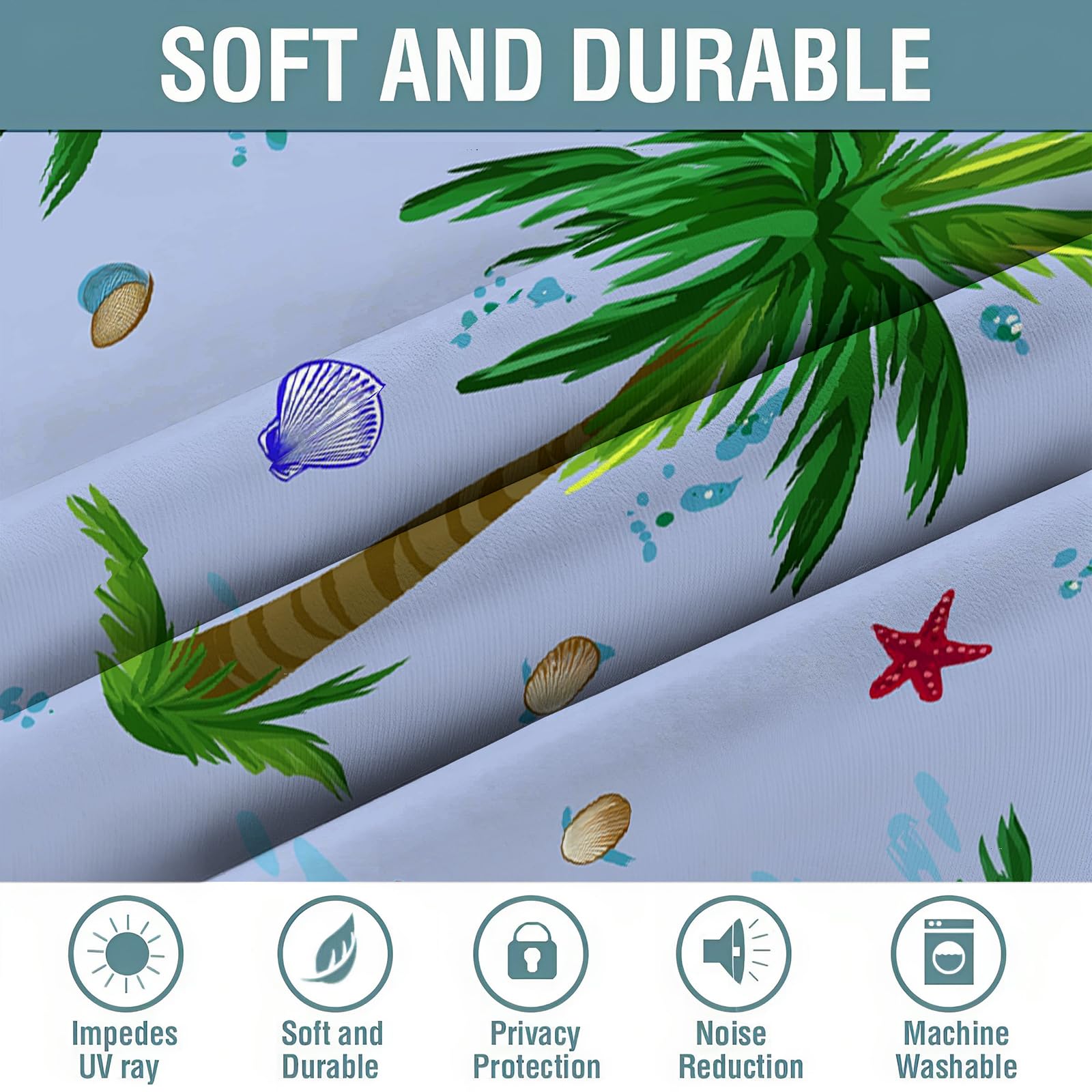 Tende Oscuranti Termiche Isolanti Con Occhielli,3D Digitale Albero Di Cocco A Forma Di Stella Marina Stampa Azzurro Chiaro Illustrazione Botanica Tenda Isolante Camera Da Letto Bambini 107L X 160A Cm