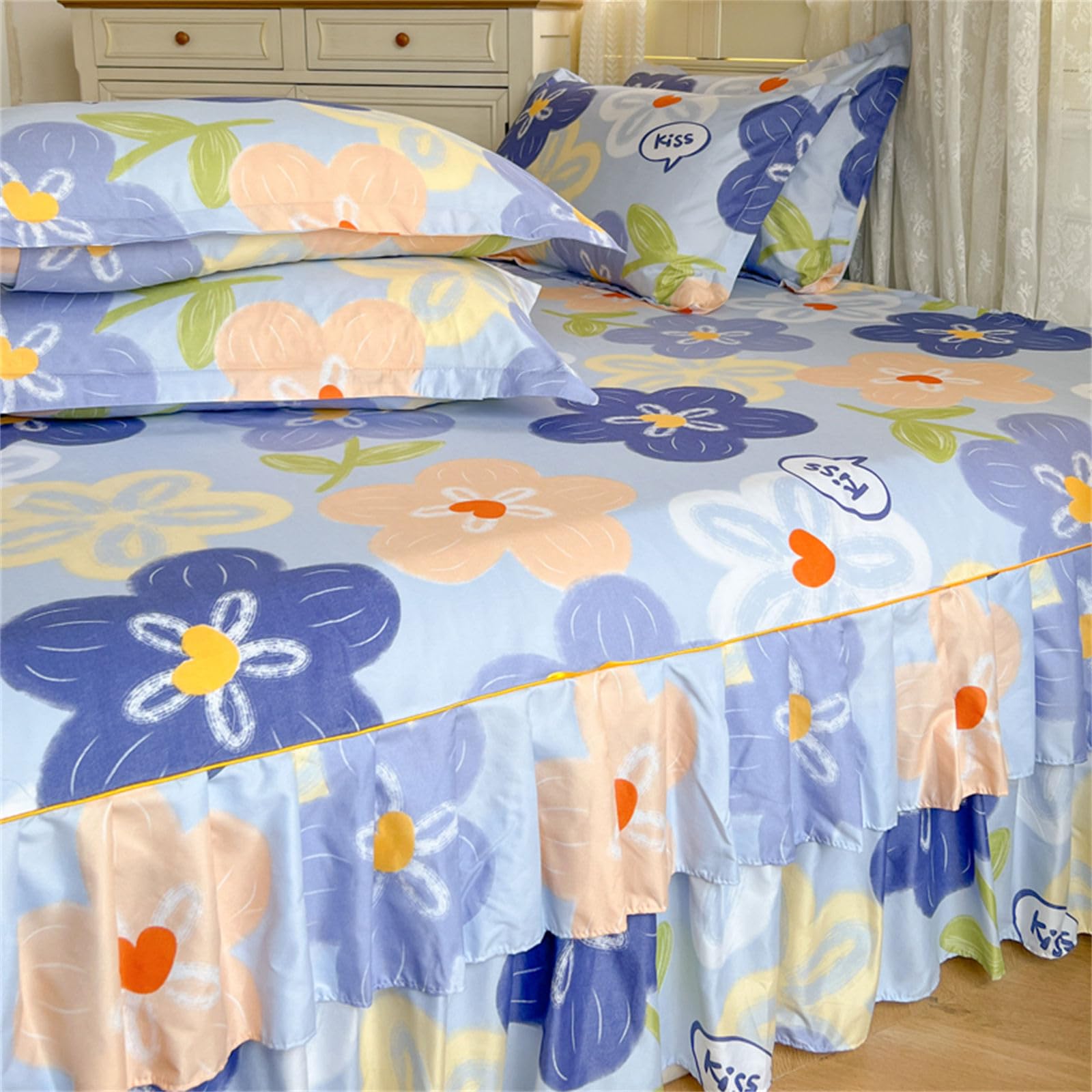 Jupe De Lit Cache-sommier à Volants - 140x190x45 Cm - Tissu Brodé - Pour Lit Avec Rangement Intégré - 10