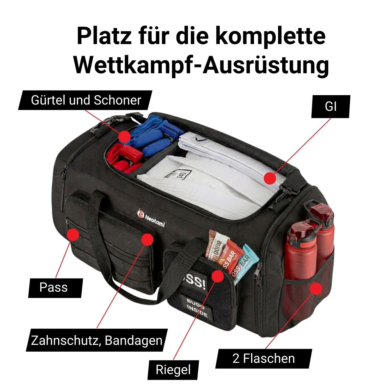 Kampfsport Sporttasche 50L mit Nassfach & Schuhfach – Judo, BJJ & Karate Trainingstasche für Gi, Schützer & Wettkampf | robuste Trainingstasche mit Organisationsfächern