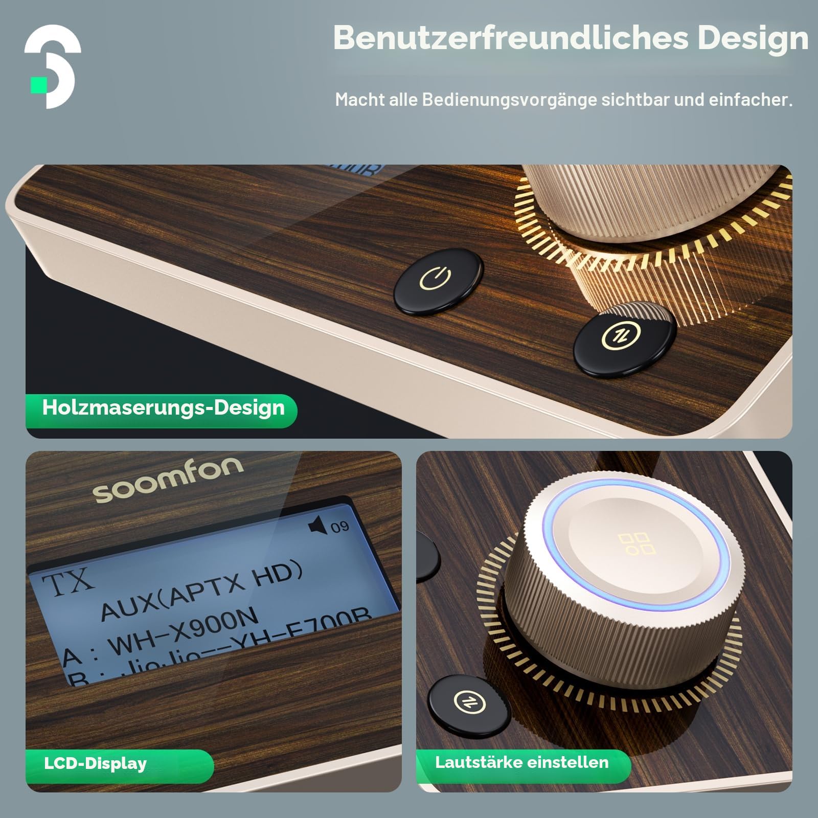 SOOMFON aptX LL & HD Bluetooth 5.2 Sender Empfänger, 3-in-1 HiFi Bluetooth Adapter Transmitter Receiver für TV, Stereoanlage & Kopfhörer, Lautstärke Regeln, Duale Verbindung, Aux/Optisch/RCA