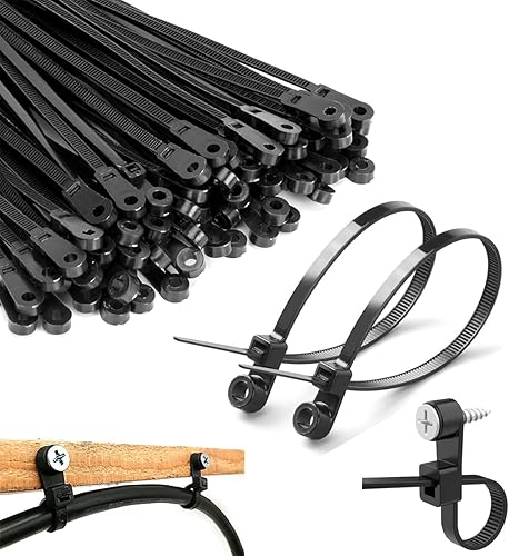 Bridas negras de 8 pulgadas con orificio para tornillo, bridas de cables resistentes para cables de 75 libras, cabeza montable, montaje de tornillo,
