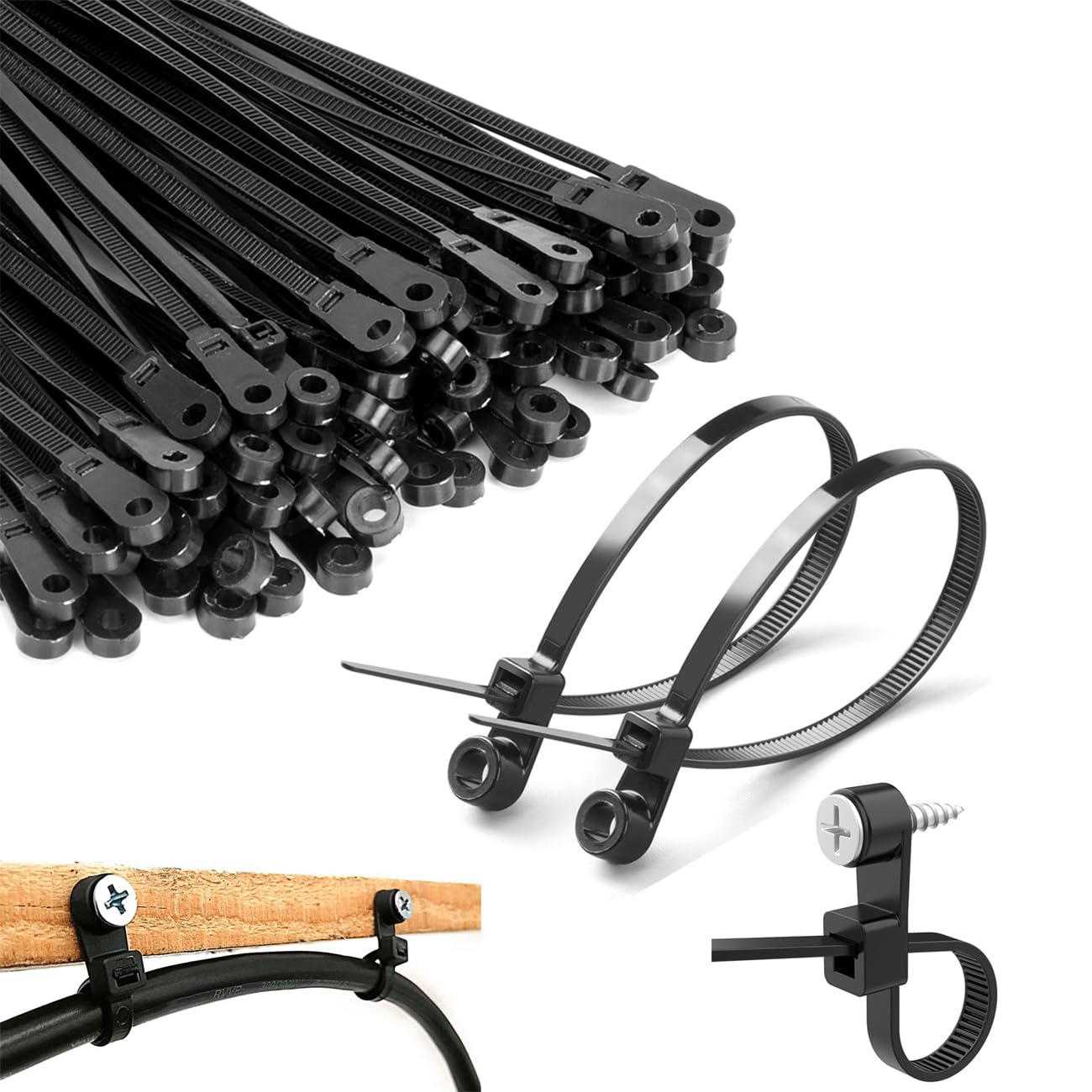 8 inch Black Zip Ties With Screw Hole,Heavy Duty Cable Ties for Cords 75 lbs Mountable head Zip Tie Screw Mount,Zip Wall Wire Ties for Indoor and Outdoor Use (100, 8 IN)