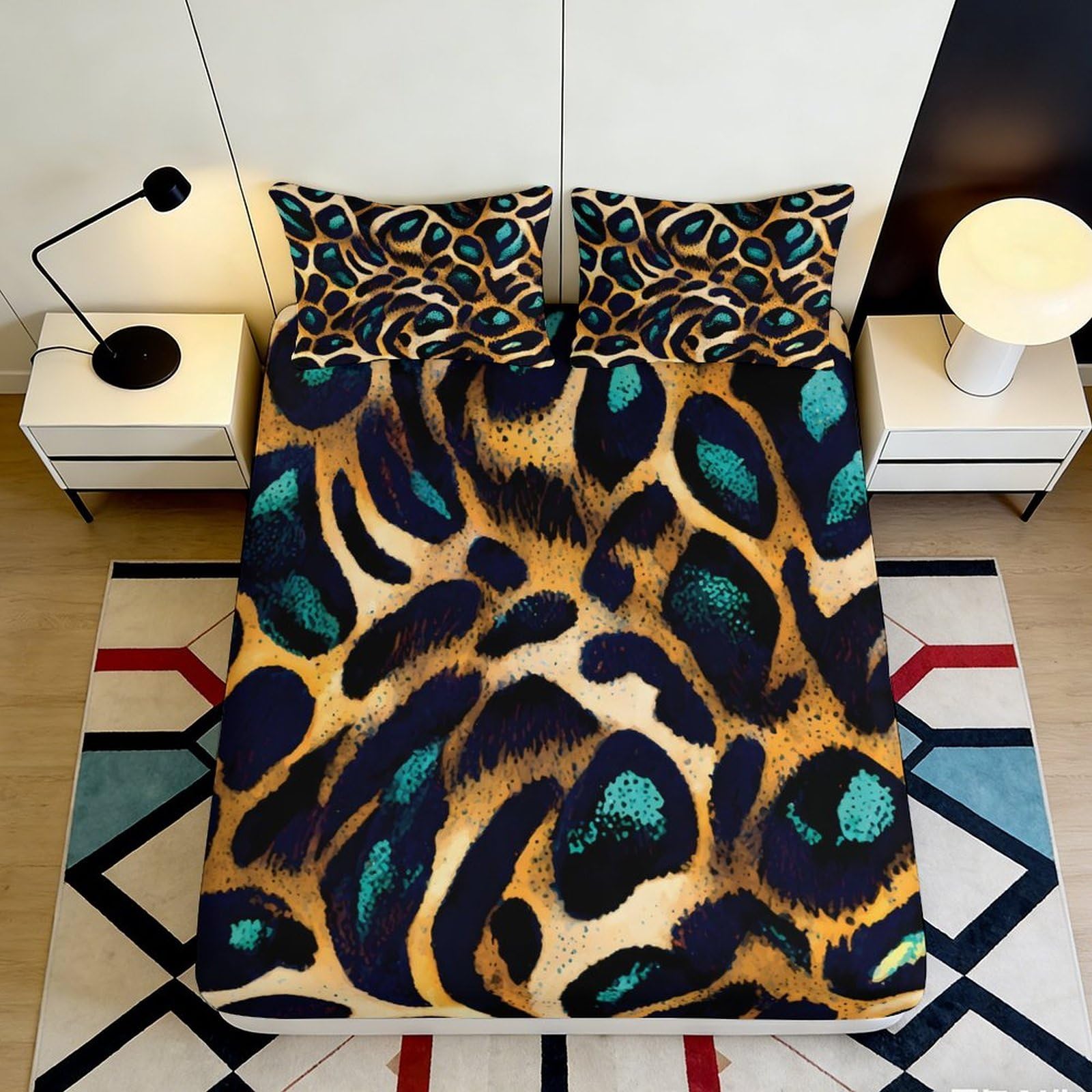 3D Printed Leopard Print Fitted Sheet Microfiber Soft Breathable Animal Pattern Bed Cover for Bedroom Dormitory Guest Room Mattress Protection 160x200x25cm
