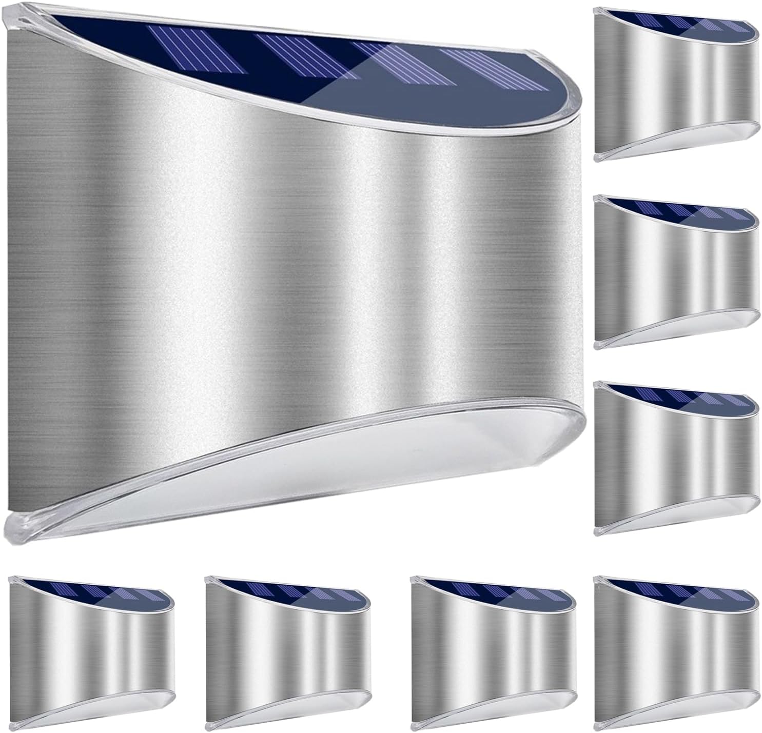 LeiDrail Solar Fence Lights 8 Pack, Stainless Steel Shell LED Step Lights Waterproof for Outdoor Stairs Backyard Patio Deck Railing Stair Wall Cold White Silver