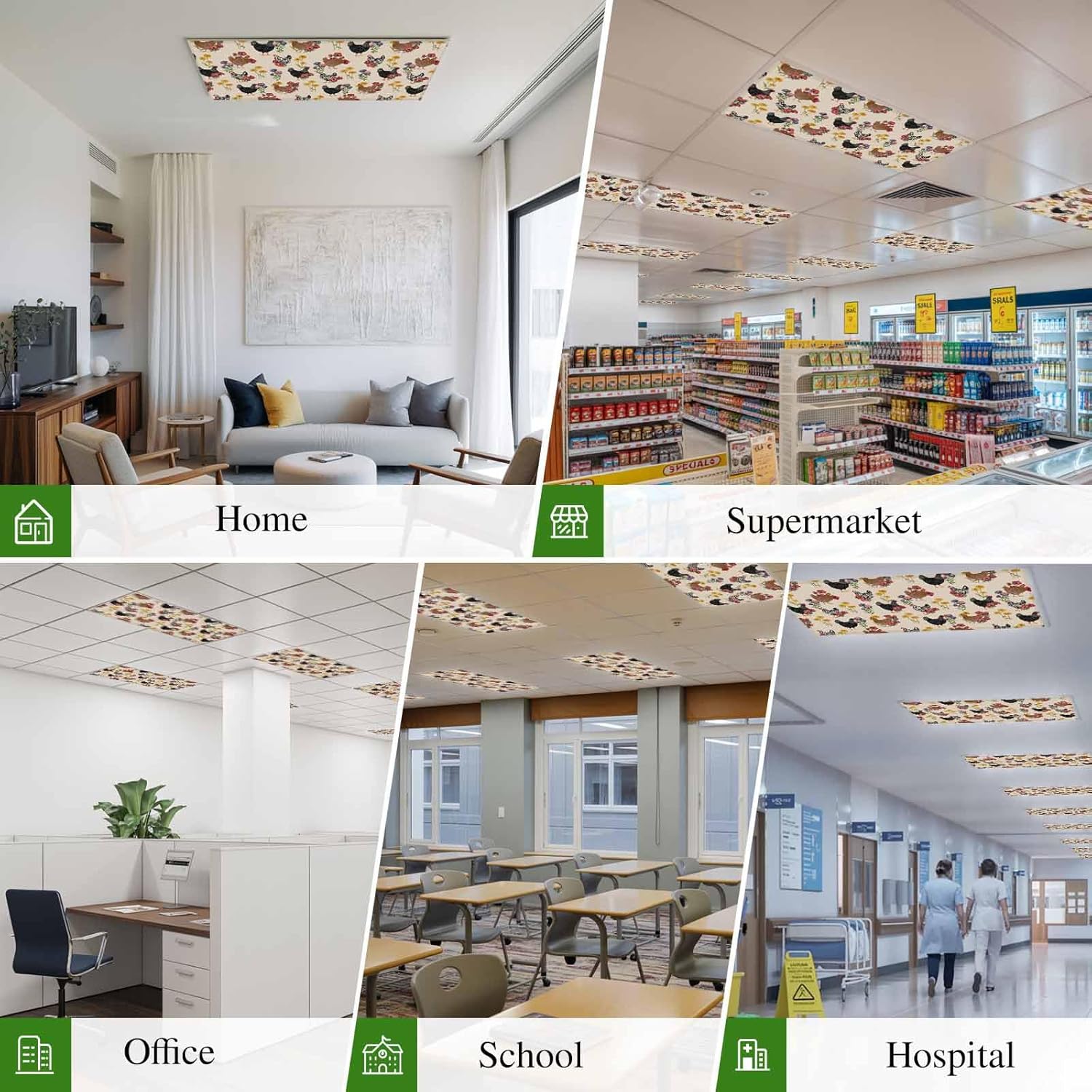 2x4 ft Fluorescent Light Cover for Ceiling Farm Chicken Colorful Poppy Magnetic Light Filters, Spring Floral on Beige Ceiling Lampshades for Home School Office 4Pcs