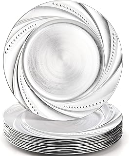 ZENFUN 12 Pack Plastic Silver Charger Plate, 13" Round Chargers Plate Decorative Dinner Chargers, Embossed Charger sServing Plates for Wedding, Catering Event, Tabletop Decor