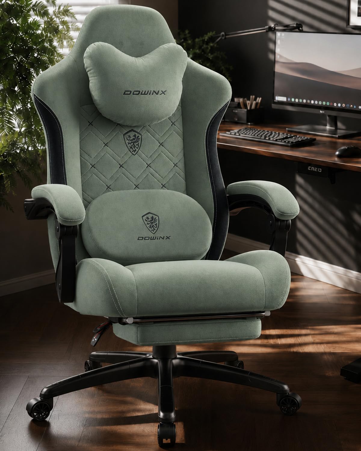 Dowinx Gaming Chair with Heated Massage Lumbar Support,Big and Tall Fabric Gaming Chairs for Adults with Footrest, Ergonomic Computer Game Chair with Poket Spring Cushions, 350lbs, Green