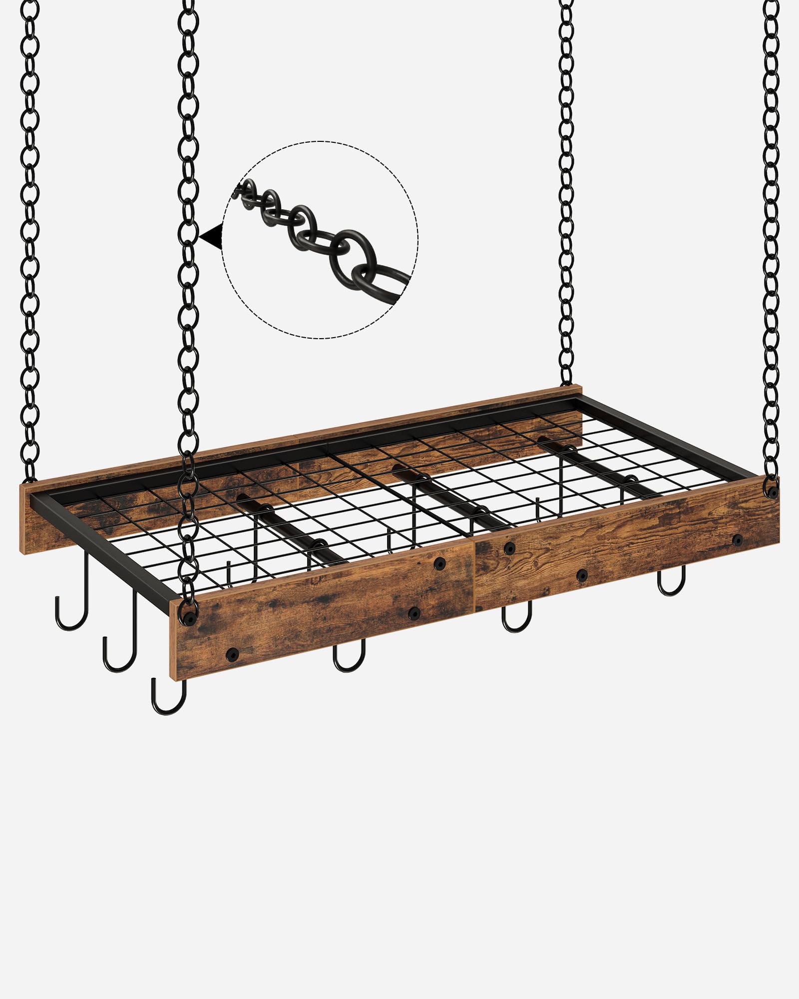 CHOEZON Küchenregal hängend, 61 cm, Küchenregal hängend, Topfregal, Aufbewahrungsregal, rustikale Note, Deckenregal mit 12 Haken, für Kochgeschirr, platzsparend, rustikalbraun-schwarz DTPR01BF