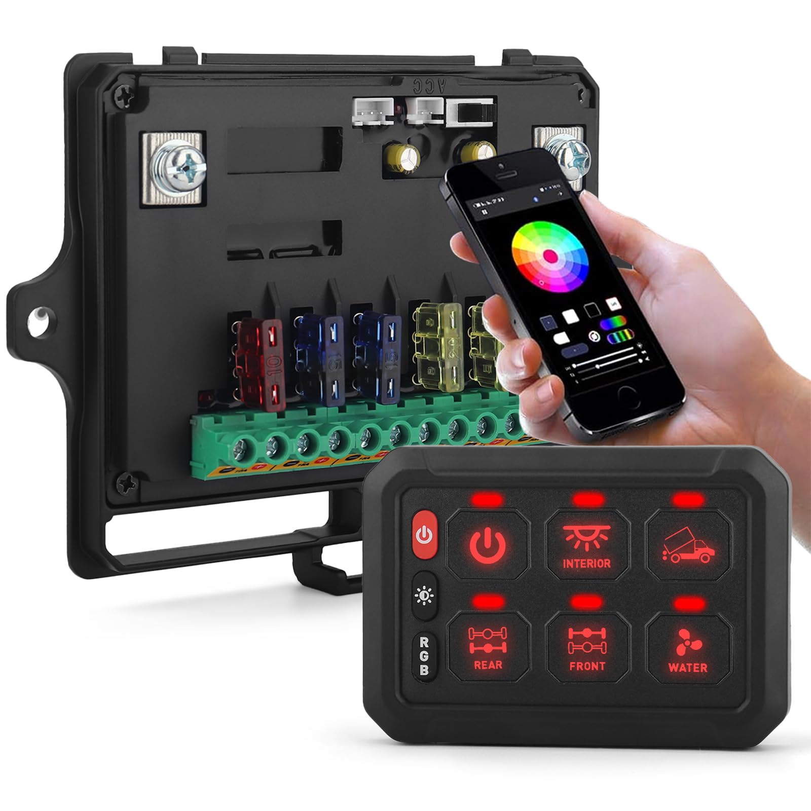 Chelhead Panel de interruptor remoto Bluetooth de 6 bandas, retroiluminado RGB, luz estroboscópica, multifunción, panel de interruptor auxiliar multifunción con control de aplicación, impermeable