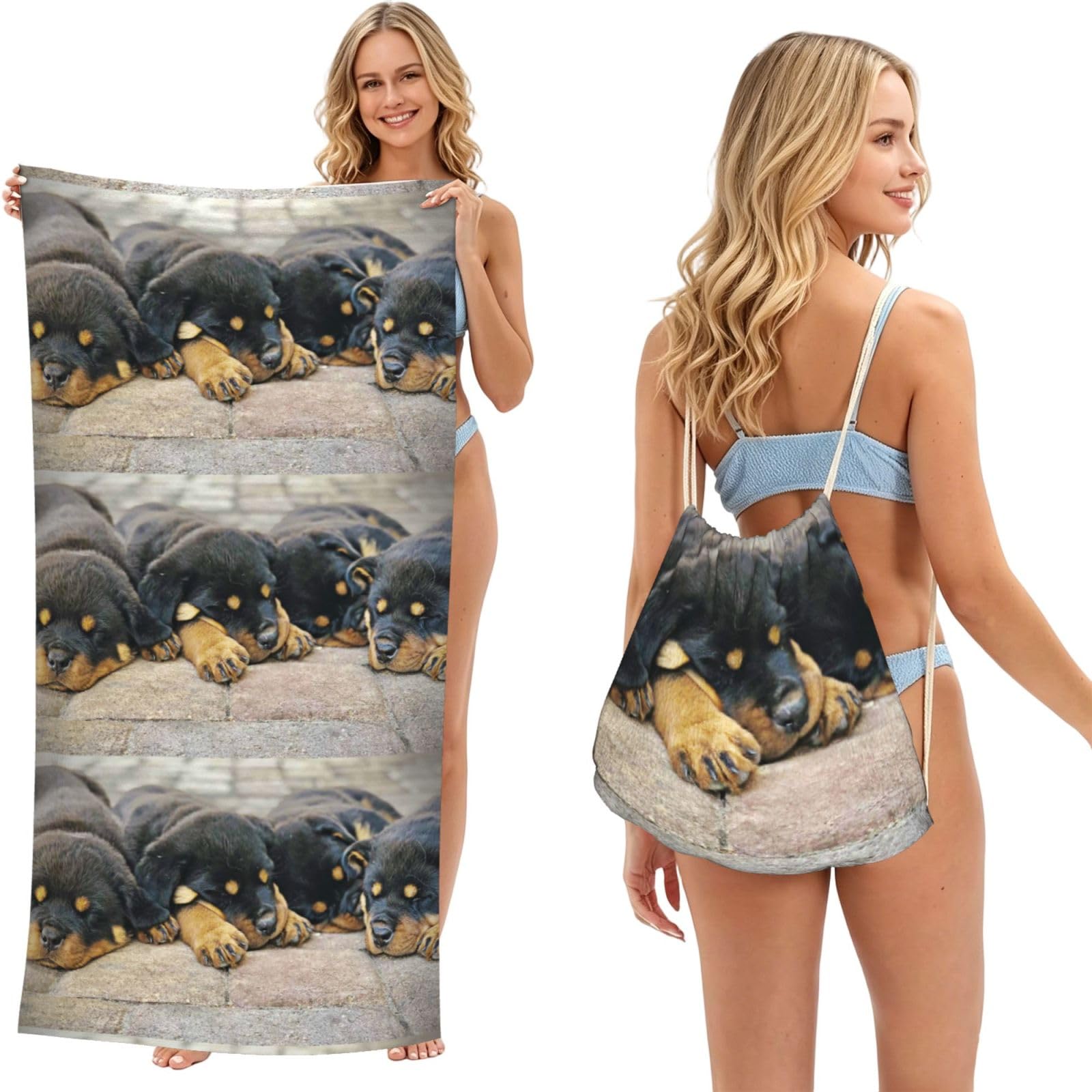 Poadnly As Picture Rottweiler Sleeping Dogs Pets Puppies Small, 2 In 1 Packable Towel Bag, Beach Towels With Drawstring Backpack For Travel Holiday Camping