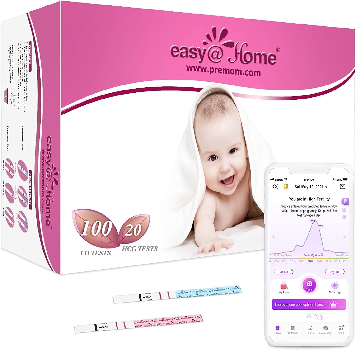 easy@Home Ovulation & Pregnancy Test Strips Combo Kit, 100 LH + 20 hCG