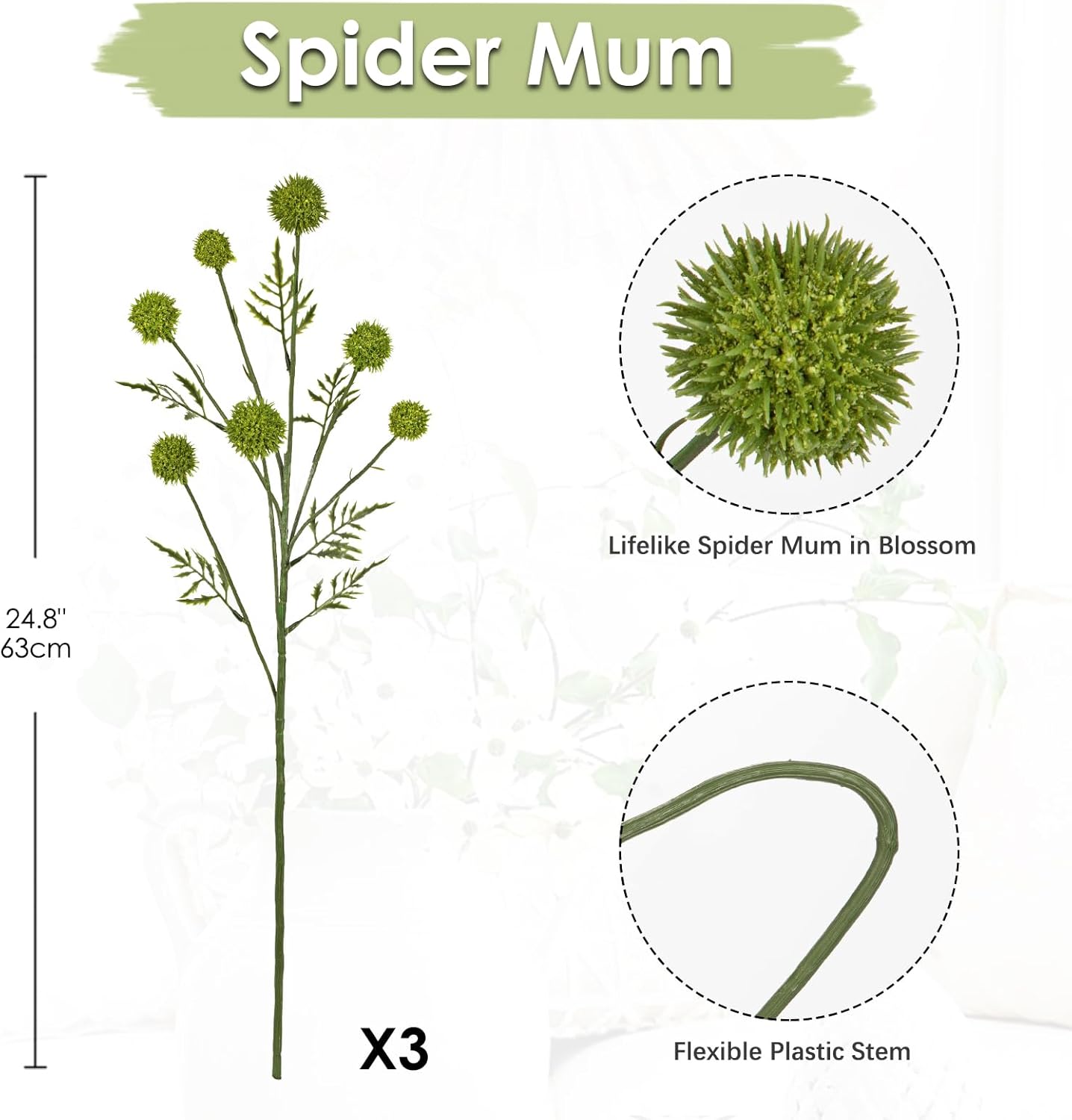Hollyone 3Pcs Green Faux Branches 28" Artificial Plants Ball Flowers for Vase Fake Silk Flower with Long Stem Floral Arrangements Bouquets Orchid Fruit Faux Plants for DIY Home Decor