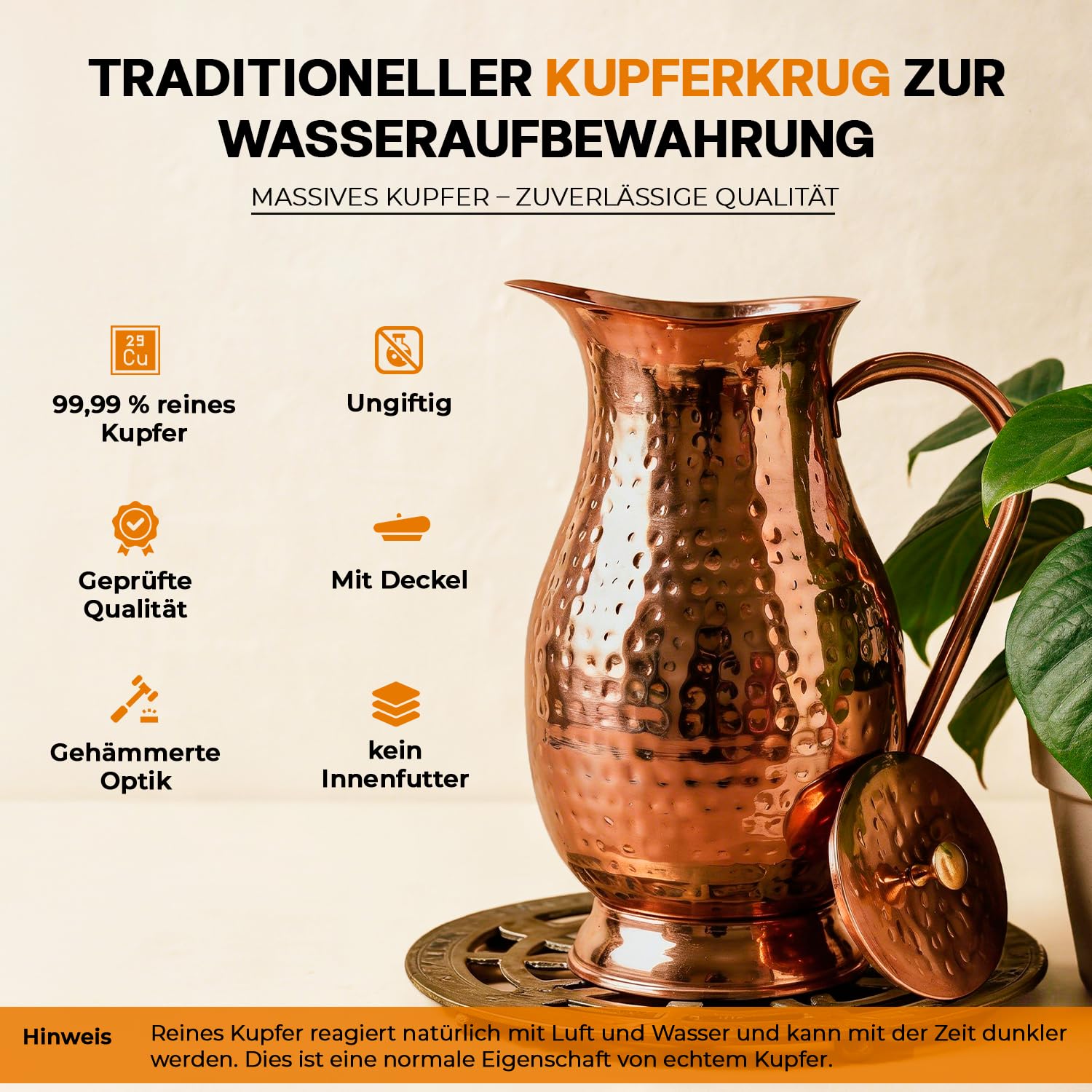 Royal Pichet en cuivre pur 1800 ml | 99,99 % cuivre de qualité alimentaire testé en laboratoire | Sans BPA et anti-fuite | Inspiré de l'Ayurveda pour l'immunité, la digestion, la maison et le bureau