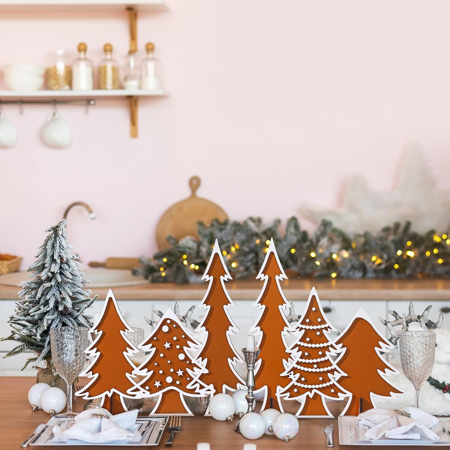 3 Set 10'' Gingerbread Christmas Table Tree Decorations 3D Wooden Christmas Gingerbread Village Ornaments for Xmas Tiered Tray Decorations Office Farmhouse Home Centerpieces Mantel Fireplace Decor - Image 5