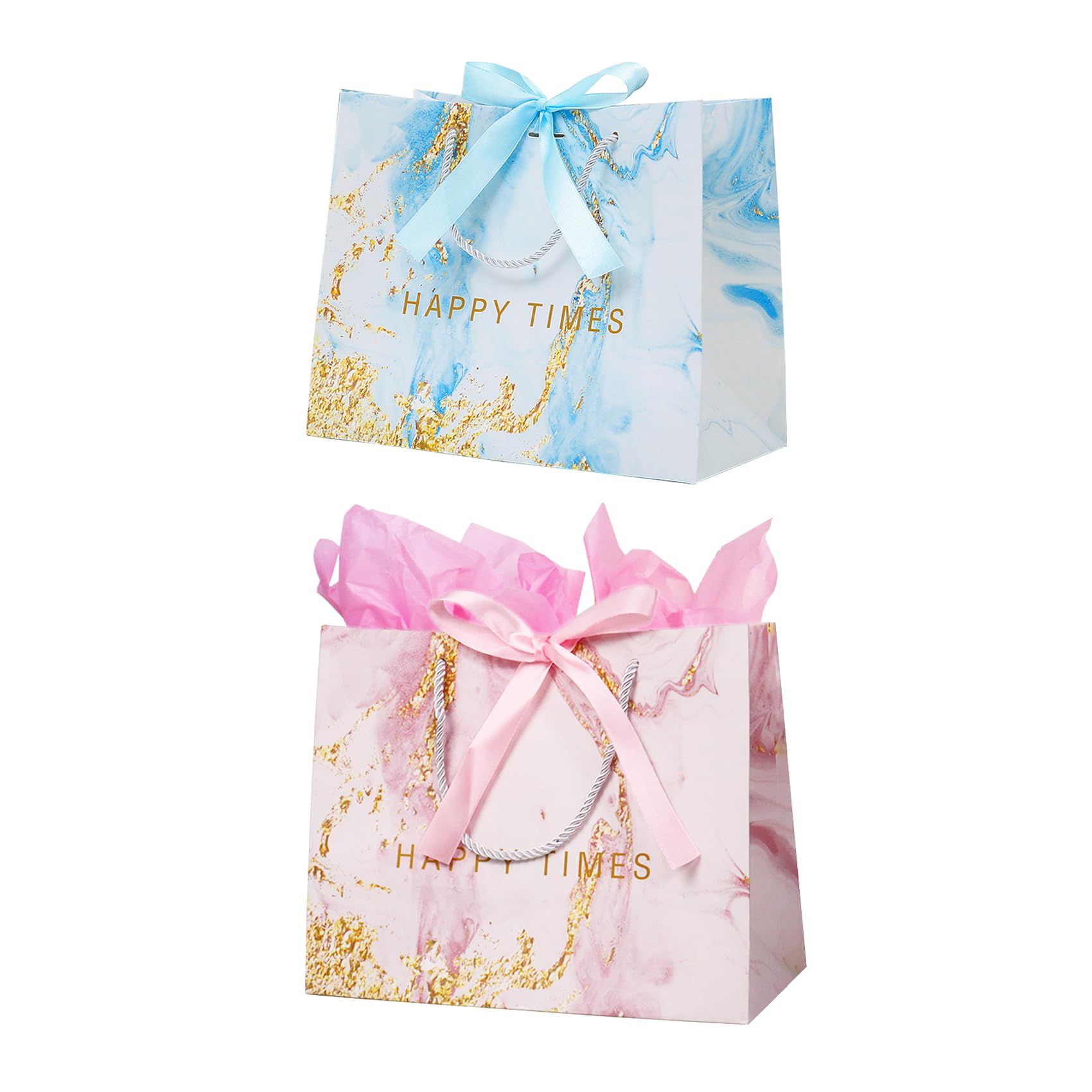 2 Pack Paper Gift Bags with Ribbon, Gift Bags with Tissue Paper for Presents, Present Bag for Birthday, Wedding, Baby Shower, Bridal Shower(Pink, Blue)