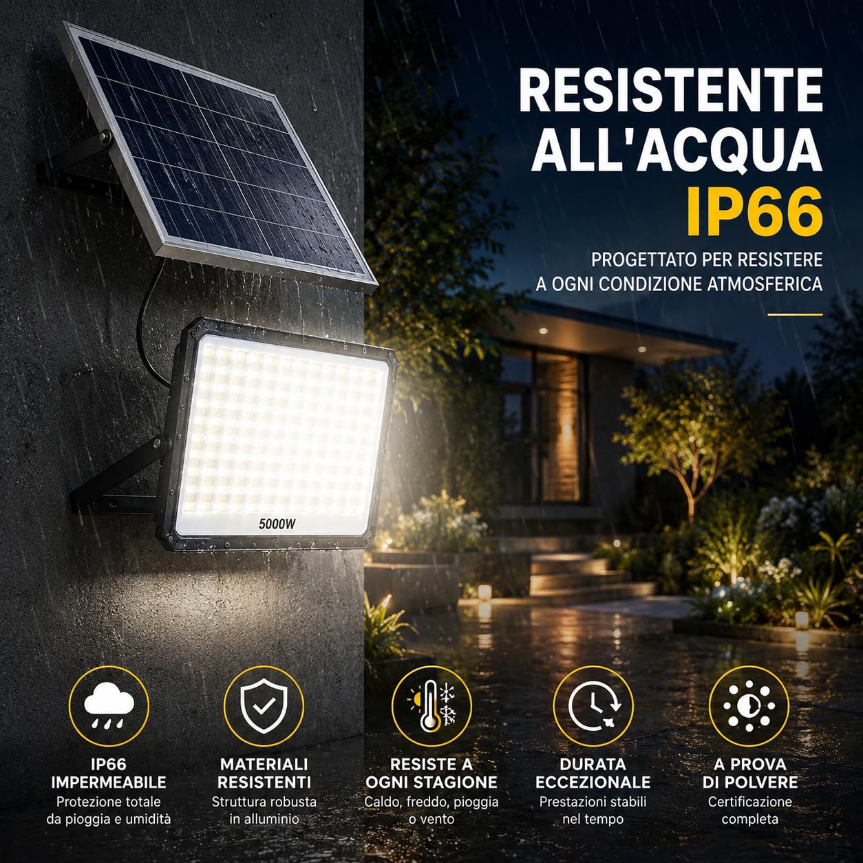 Faro Solare LED Esterno 5000W, 320 LED ad Alta Luminosità, IP66 Impermeabile, Luce Bianca Fredda 6500K, Telecomando, Autonomia fino a 12 Ore, Illuminazione per Giardino, Garage, Cortile e Terrazzo