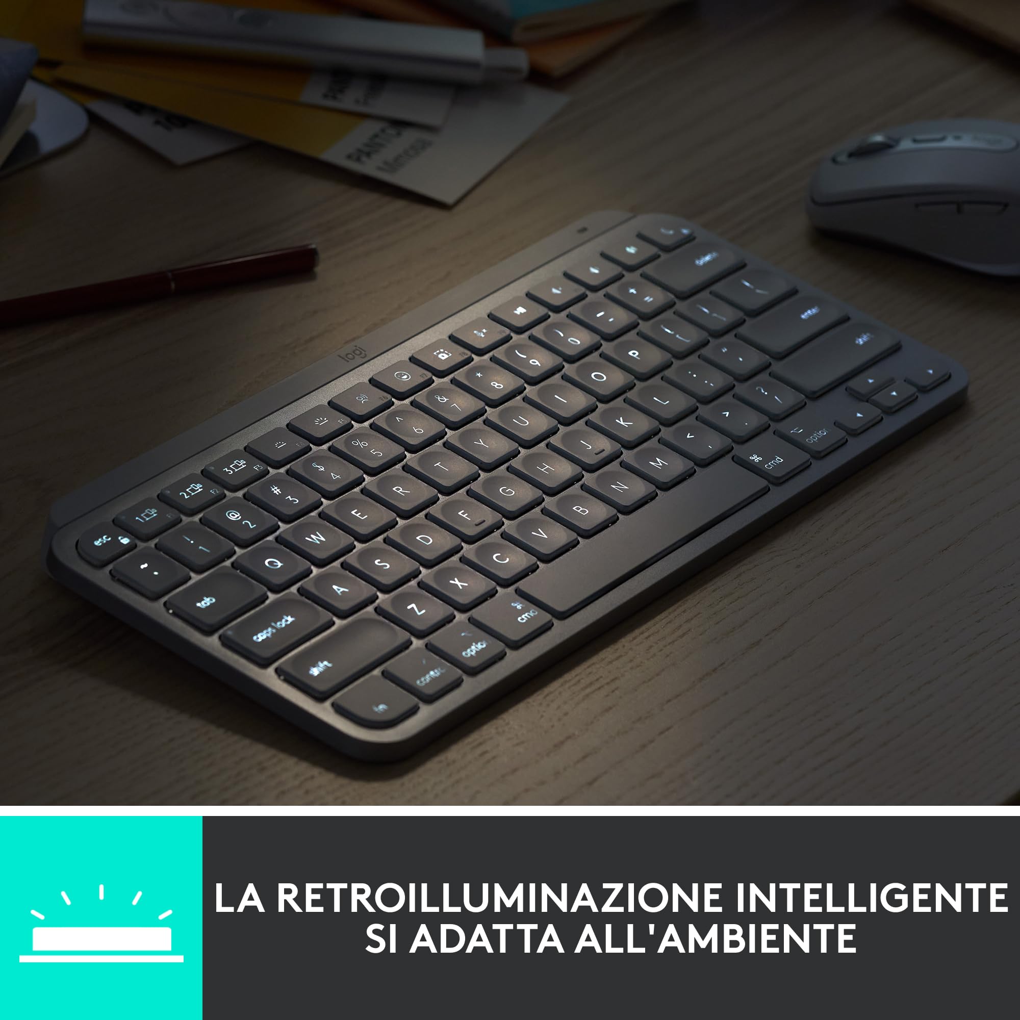 Logitech MX Keys Mini Tastiera Illuminata Wireless, Minimal, Compatta, Bluetooth, Retroilluminata, USB-C, Compatibile con Apple macOS, iOS, Windows, Linux, Android, in Metallo - Grigio chiaro