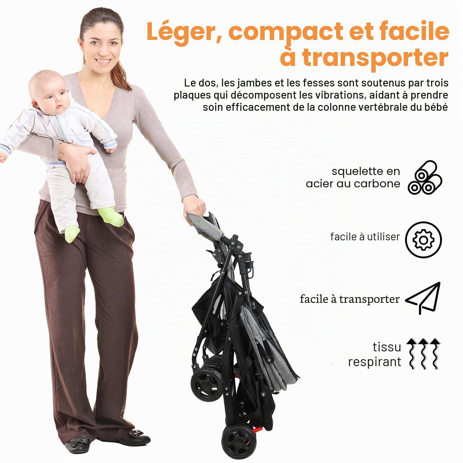 Poussette Bebe Voyage, Poussette Compacte Pliable, Poussette Canne Legere 4,2 kg, Pliage Une Main, Dossier Reglable, Harnais 5 Points, Capote Reglable, Panier Rangement, 0 a 2 Ans, 10 kg (Gris)