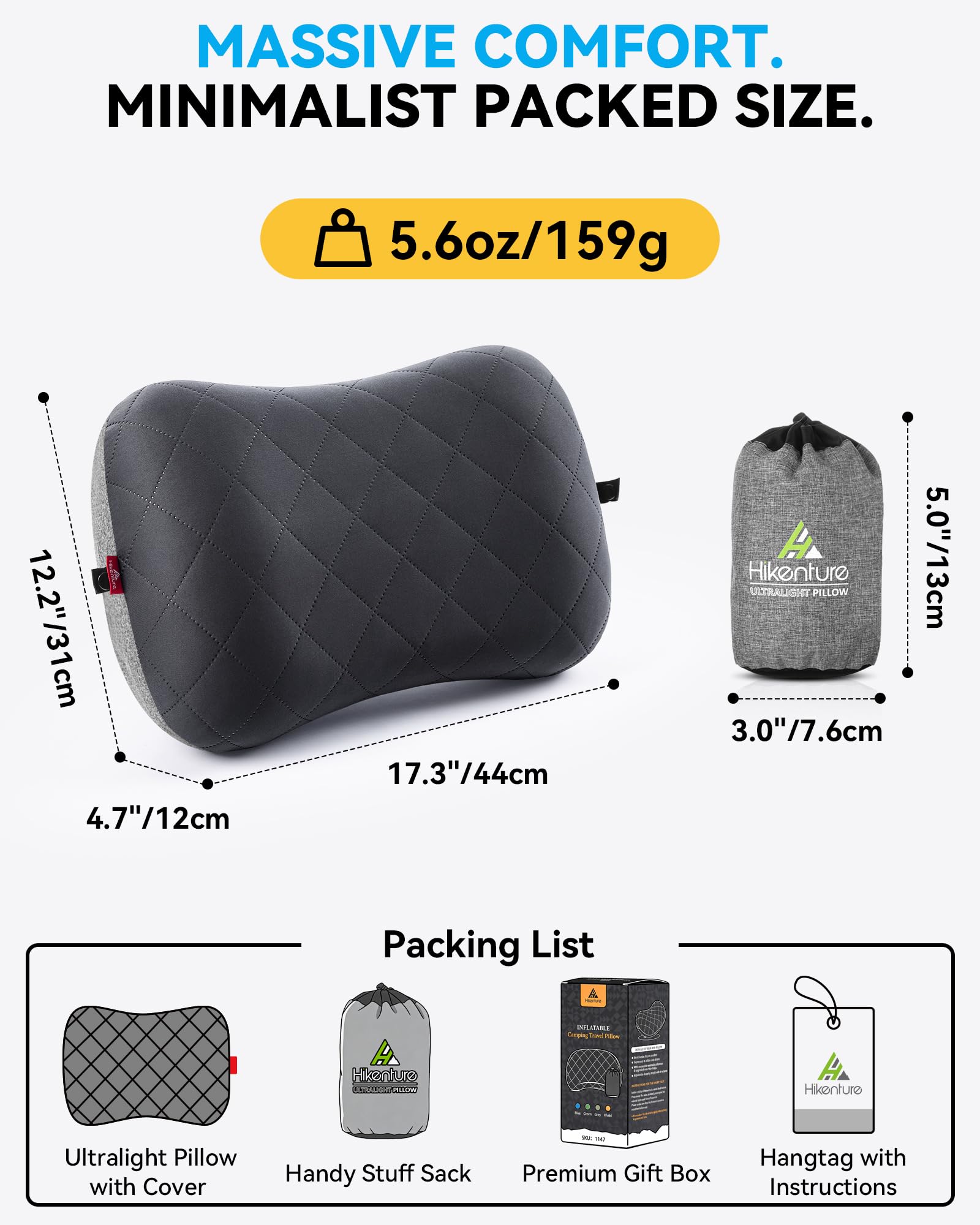 HIKENTURE nadmuchiwana poduszka kempingowa/podróżna ze zdejmowaną poszewką na poduszkę, ergonomiczna poduszka pod głowę, wygodna poduszka na kark do podróży / na zewnątrz (czarna)