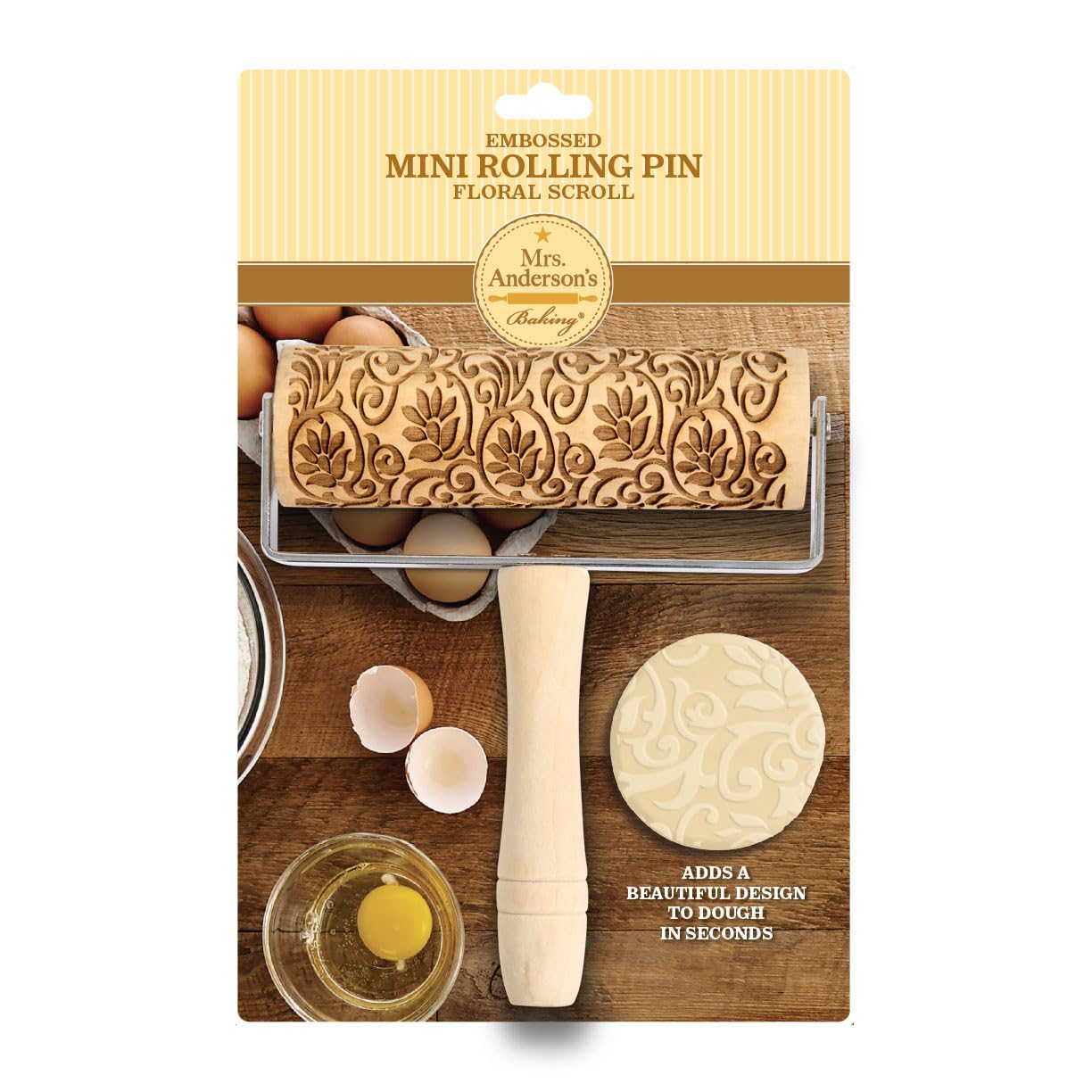 Mrs. Anderson's Baking Mini rodillo para repujar, diseño de pergamino floral, madera de álamo y hierro cromado