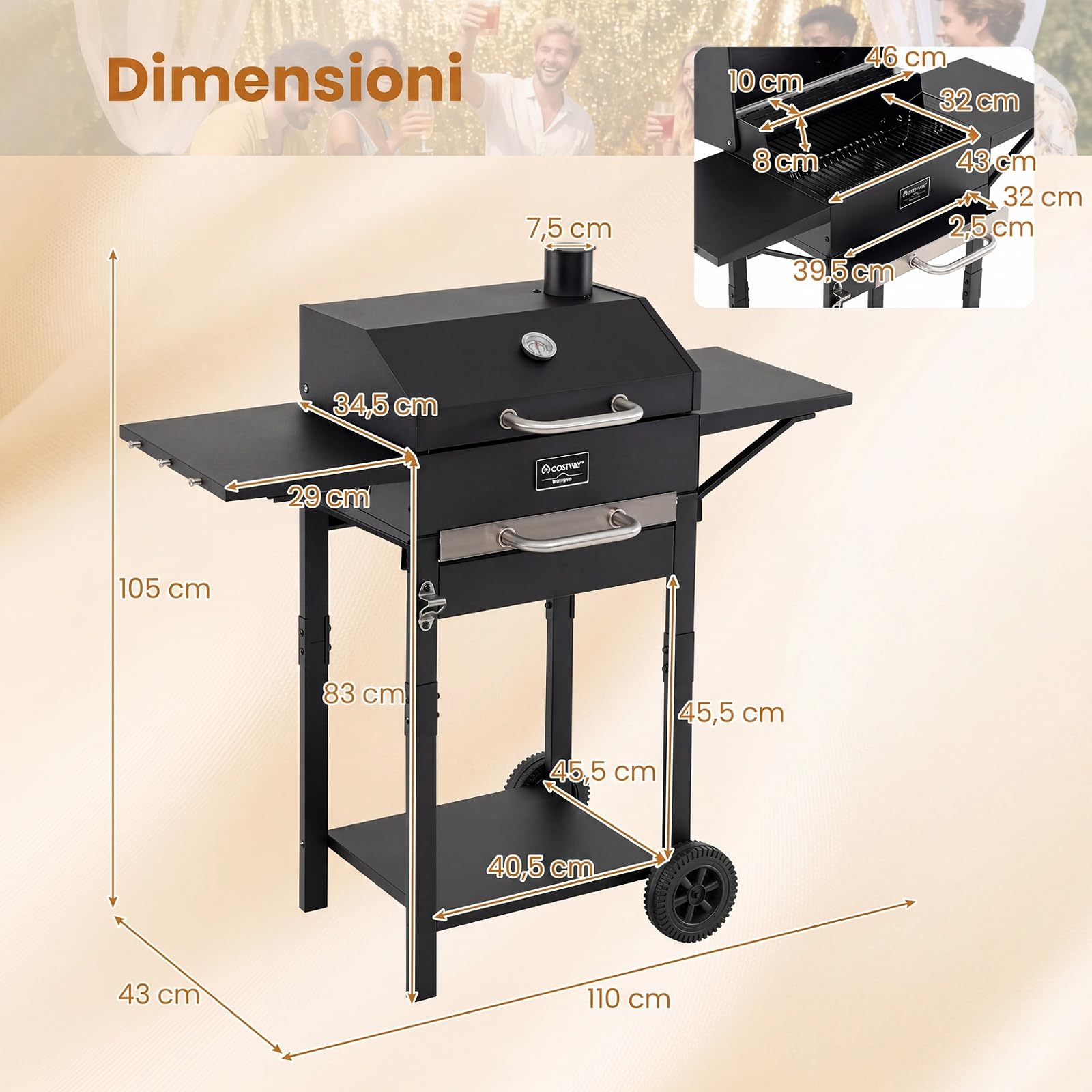 COSTWAY Barbecue a Carbonella con Tavolini Laterali, Forno BBQ con Griglia di Cottura, Termometro e 2 Ruote, Barbecue con Coperchio e Ripiano Aperto per Campeggio e Picnic, 110 x 43 x 105 cm