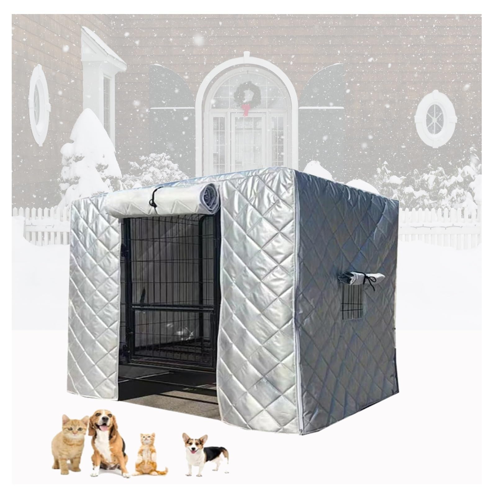 Resistente A La Nieve Tela Oxford Aislante Funda Caseta Perro Resistente Impermeable Ajustable Sombra Manta Cálida Paneles Doble Cremallera Cortinas Transparentes Funda(A-Silver,110x73x98cm)