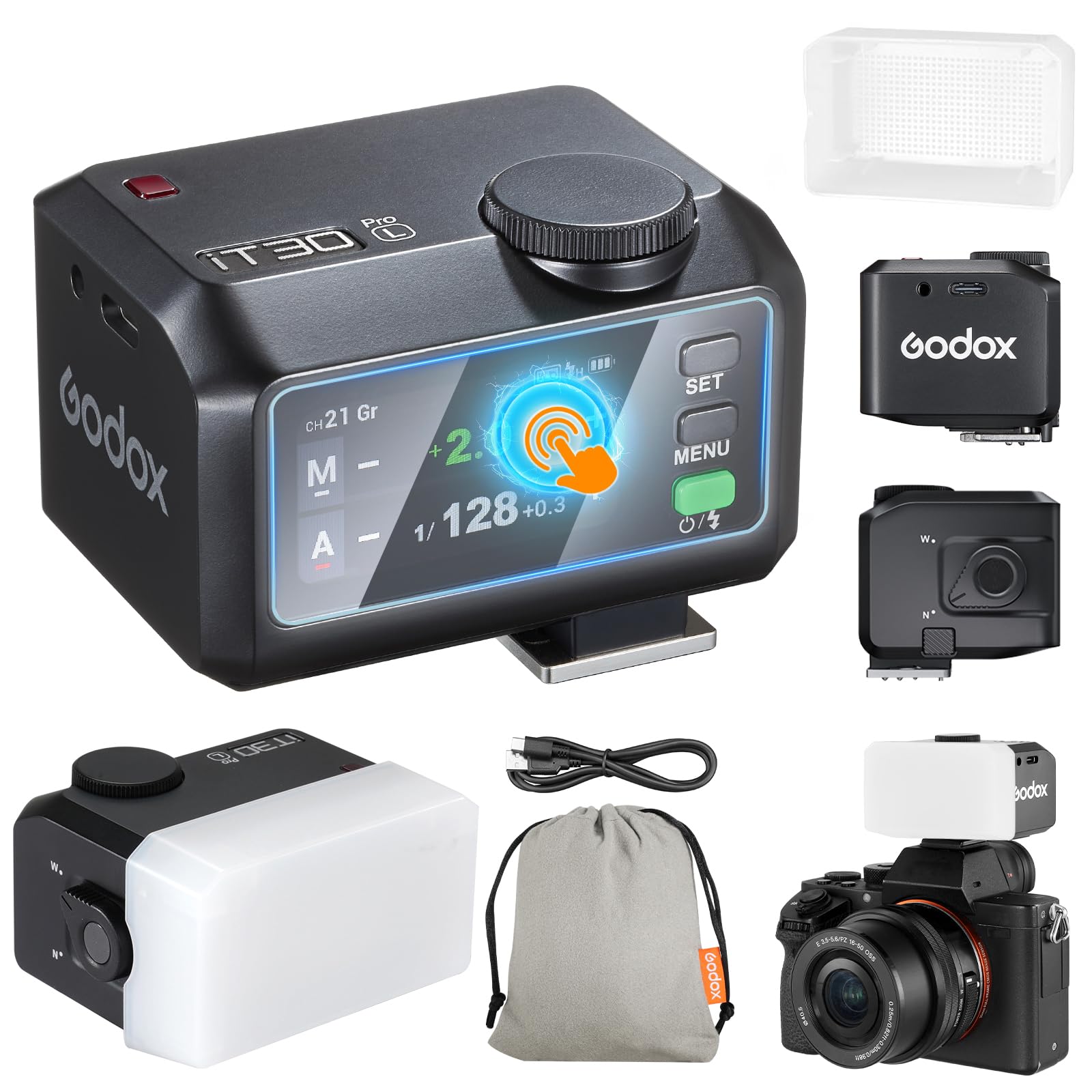 Godox iT30Pro-L iT30Pro L Mini Flash para Cámara con difusor Blanco Compatible con Speedlite560 Modo Maestro y Receptor Inalámbricos TTL 2.4 GHz y Pantalla Táctil para Cámaras DSLR de Leica (Negro)