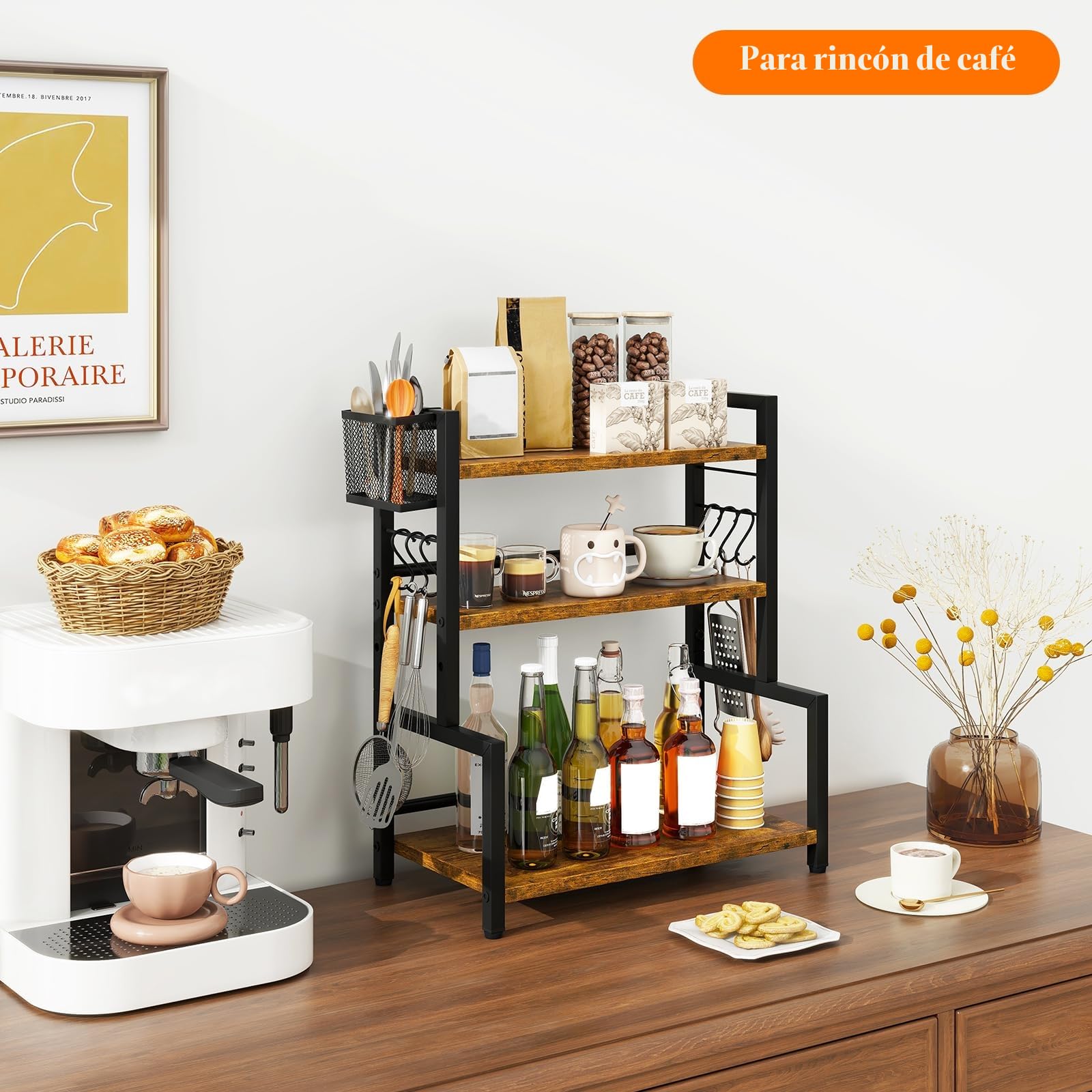 YMYNY Estante para Especias con Cesta Metálica, Estante de Encimera para Armario, Organizador con 6 Ganchos, Soportes para Botes de Especias, Para Cocina, Baño, 43 x 24 x 53CM Marrón Rústico HSR006H