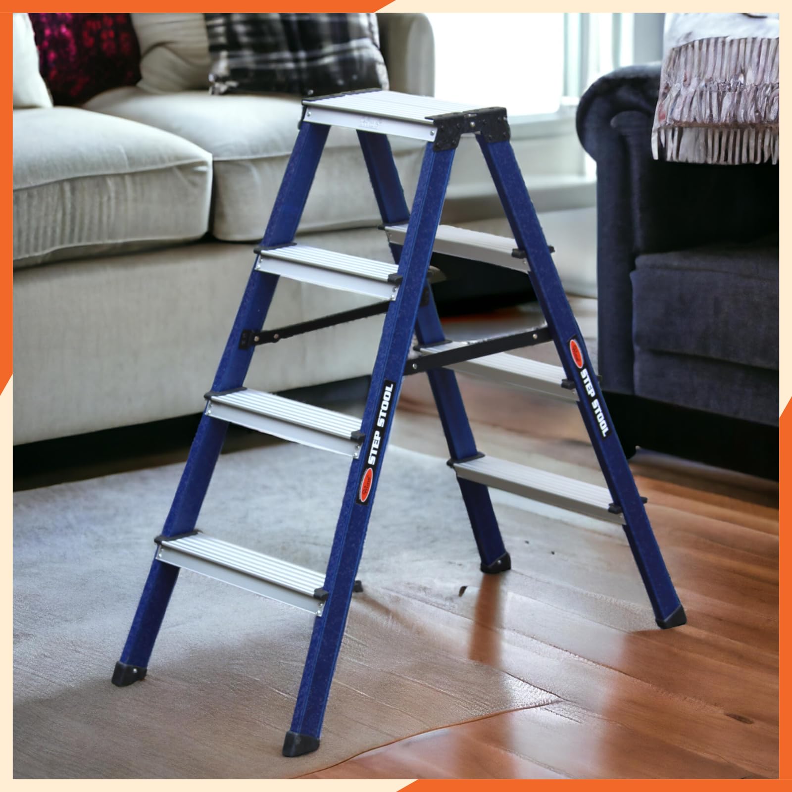 Prime 4steps Alligator Pattern Powder-Coated Finish Foldable Aluminium Twin Step Stool Ladder for Home & Office Use | Made in India | 5 Years Warranty | Anti-Skid Serrated Steps (Sapphire Blue)-image-34
