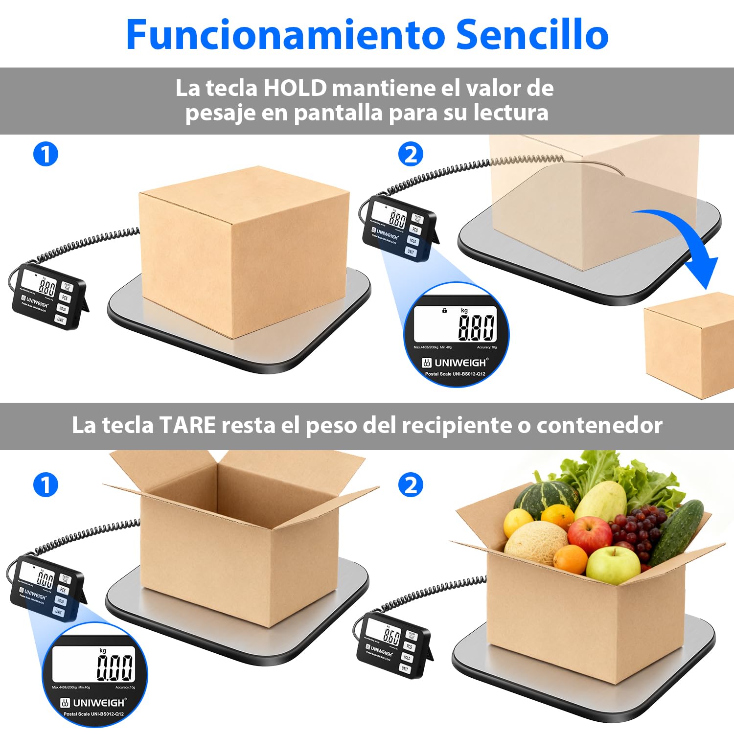 UNIWEIGH Báscula para paquetes 200 kg/10 g de precisión, báscula digital de cartas para paquetes con función PCS/retención/tara, báscula de plataforma para pequeñas empresas, equipaje, uso doméstico
