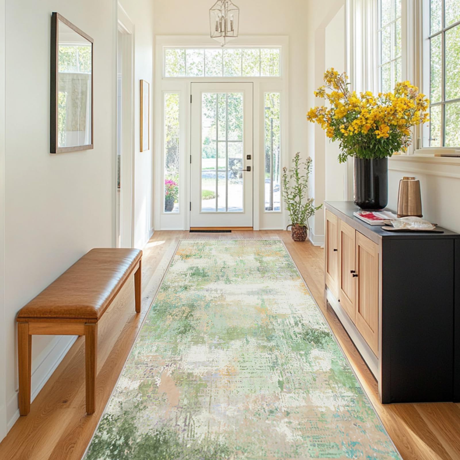 Chicnix Teppich Flur Küche 80x300, Teppich Läufer Waschbar Kurzflor rutschfest für Schmalen Gang, Moderner Abstraktem Malerei Teppiche für Eingangsbereich Schlafzimmer Dekor, Grün Gelb