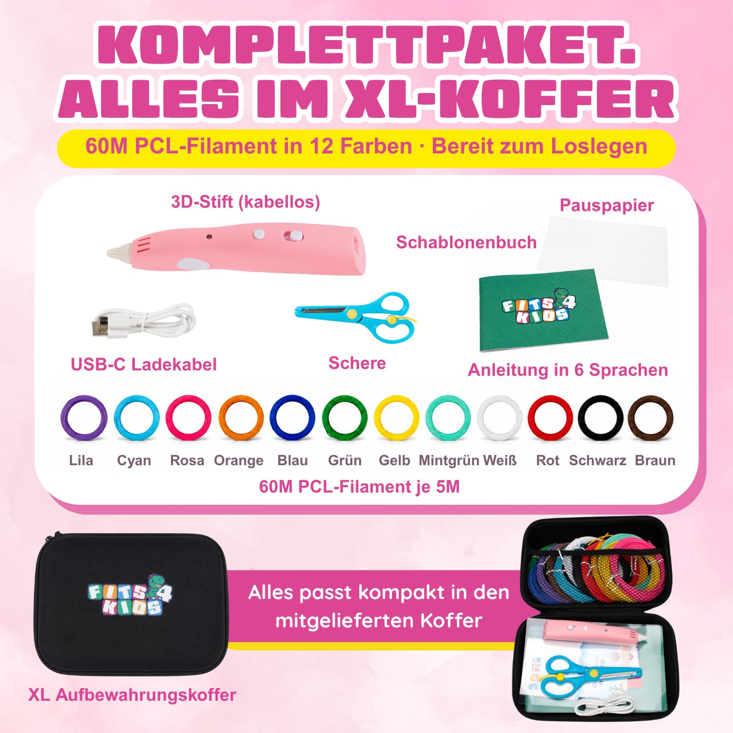 3D Stifte für Kinder ab 6 Jahre – Drahtloser 3D Stift mit 60m PCL Filament, USB-C, Niedrige Temperatur, Vorlagen & XL Koffer – 3D Pen Starterset für Mädchen und Jungen (Rosa)