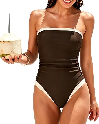 SUUKSESS Women One Piece Tummy Control Swimsuit Strapless Bandeau Bathing Suit