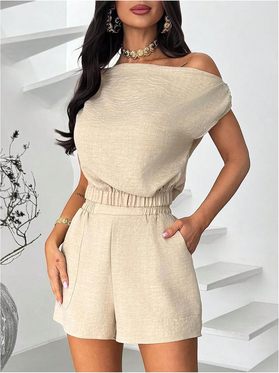 OYOANGLE Women's 2 Piece Outfits Off the Shoulder Sleeveless Crop Blouse and Shorts Lounge Set Romper