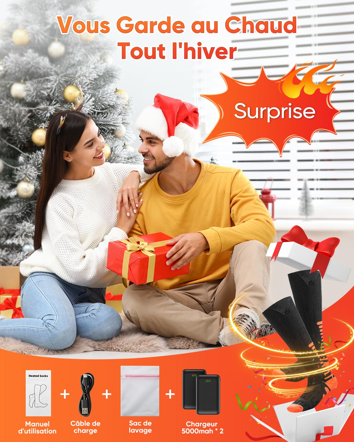 2026 Upgraded Chaussettes Chauffantes, 5000mAh 5V Rechargeable Chaussette Chauffante, 3 Réglages & 360° Chauffage de Lavables Chaussettes Chauffantes Hommes Femmes pour Le Ski Chasse Randonnée