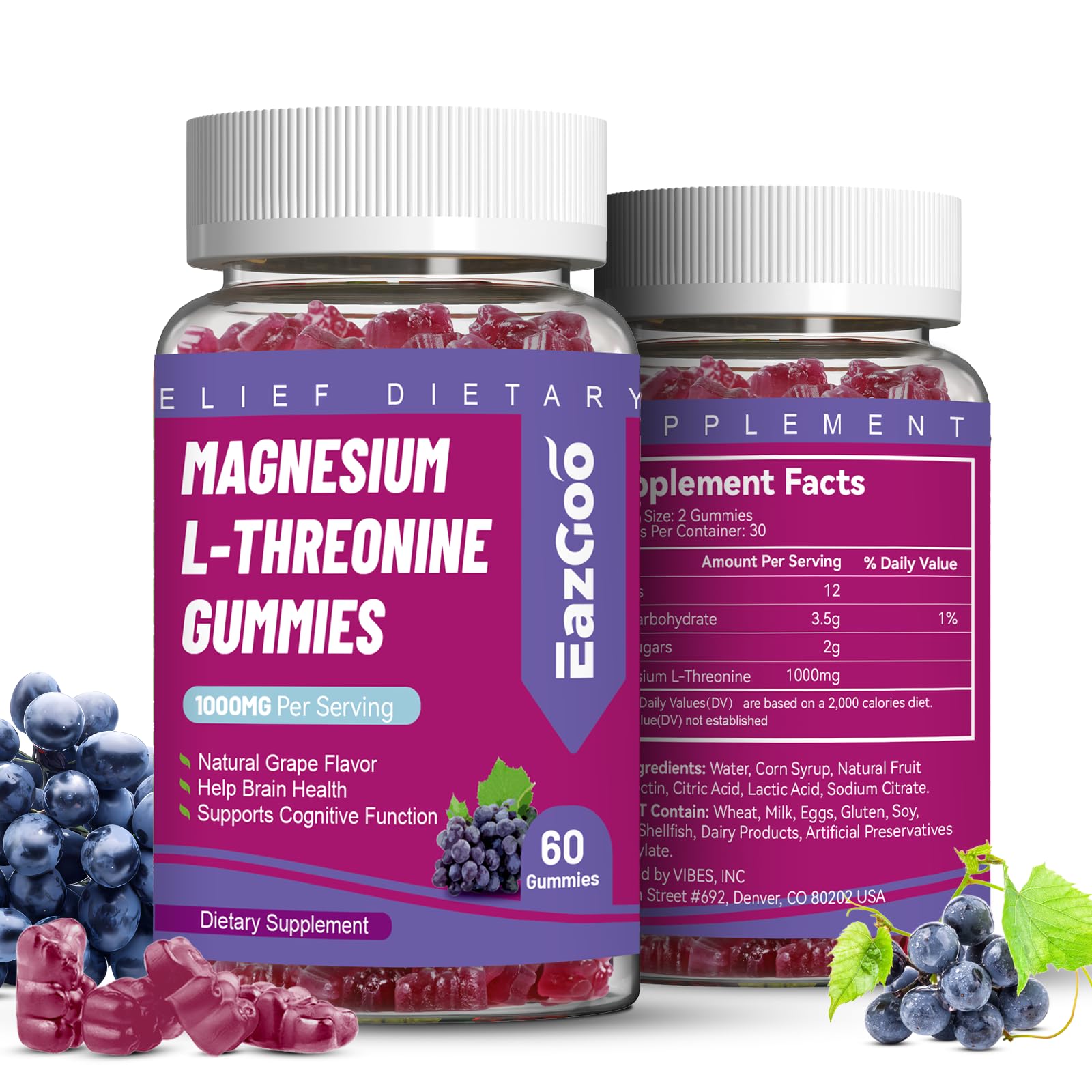 Magnesium Threonine Gummies 1000mg, Magnesium Gummies for Adults 60 Count (Pack of 2)