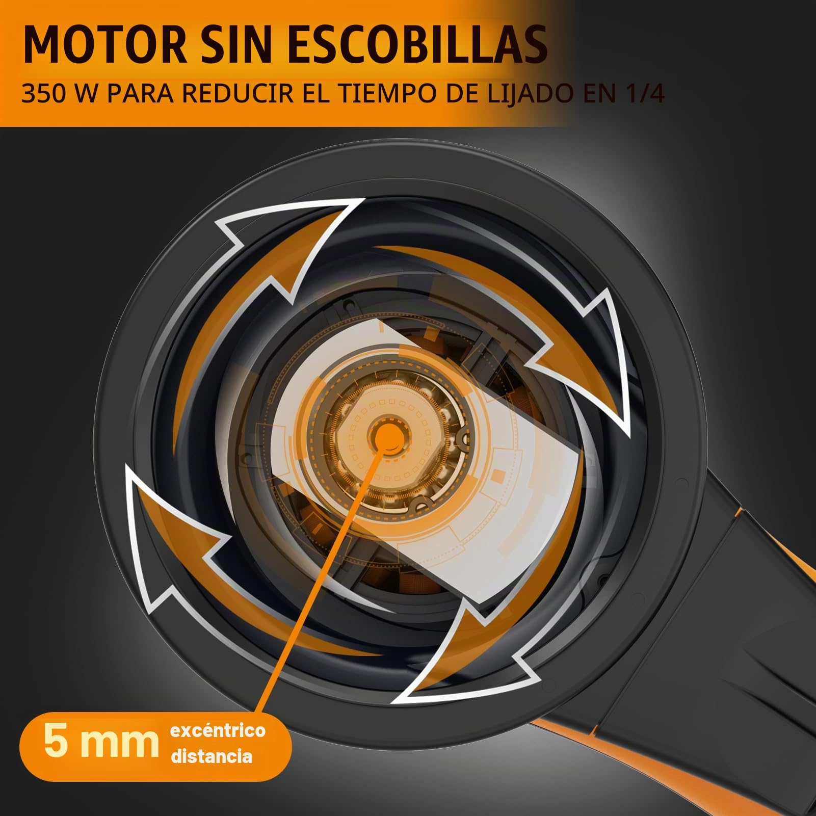 Lijadora orbital aleatoria MAXXT 5,0mm sin escobillas Lijadora eléctrica 350W | 6 velocidades ajustables (4000-10000 rpm) | Plato lijador 150 y 125 mm | Incl. caja práctica, 20 hojas de lija | Frenado