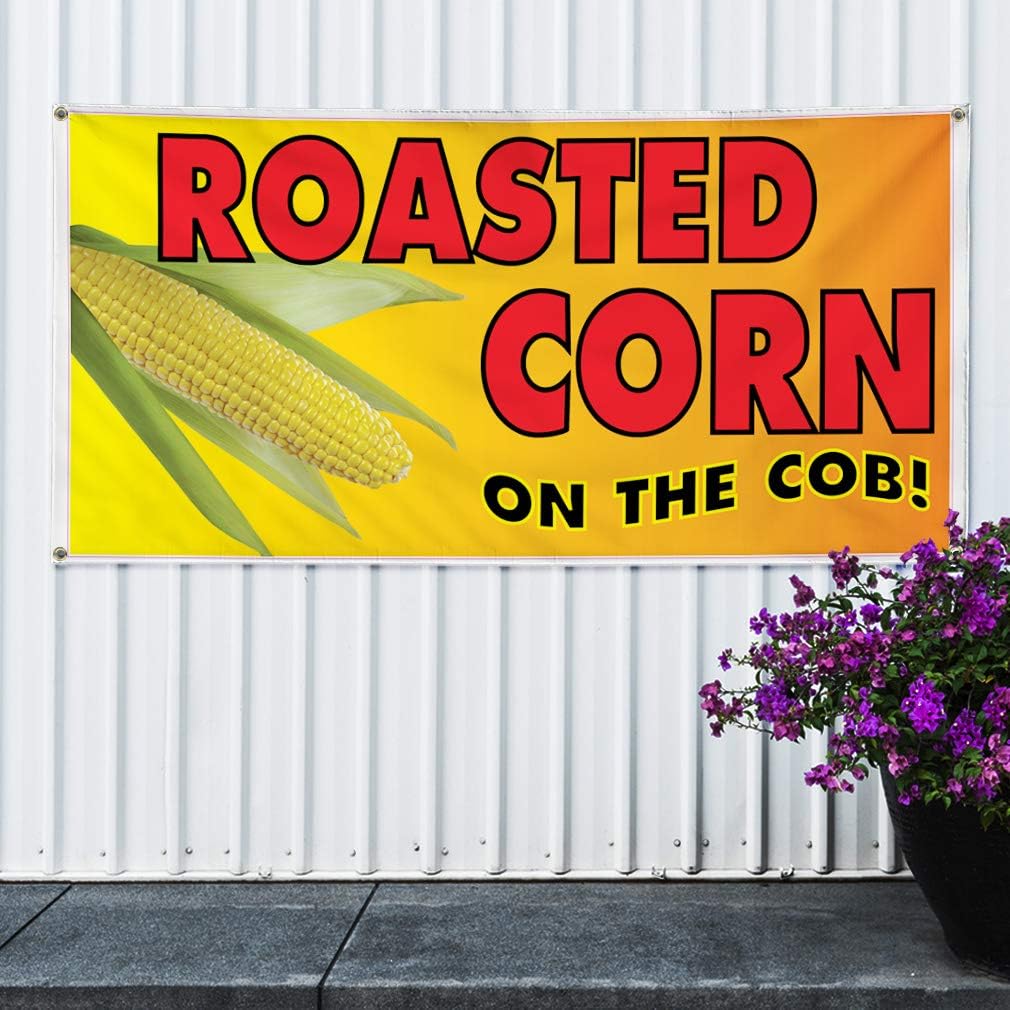 Vinyl Banner Sign Roasted Corn Restaurant Cafe Bar Style U Corns Marketing Advertising - 24inx60in, 4 Grommets, One Banner