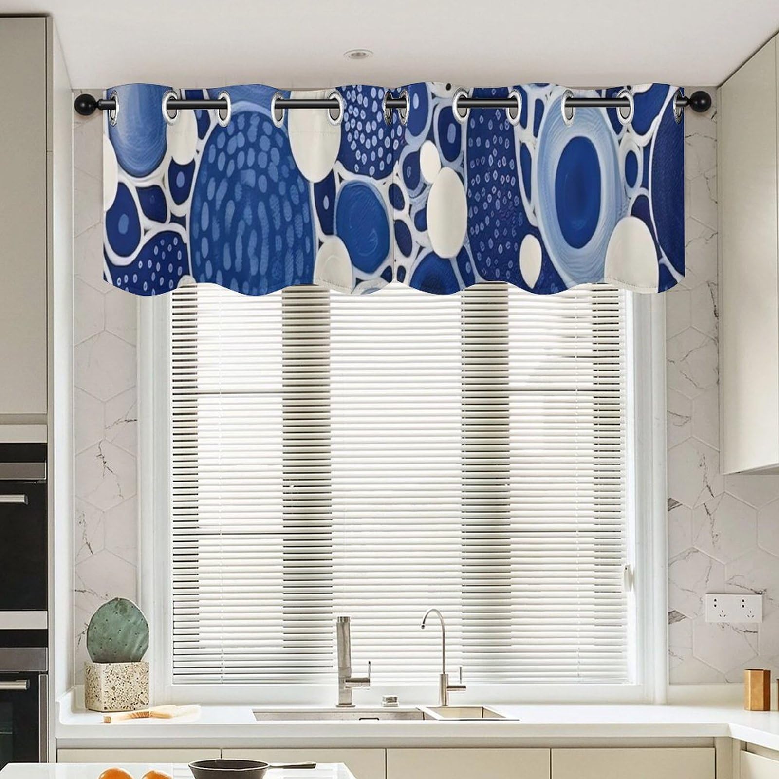 Cenefa de cortina azul Chinoiserie con diseño geométrico oriental para ventanas (52x18, 2 uds)