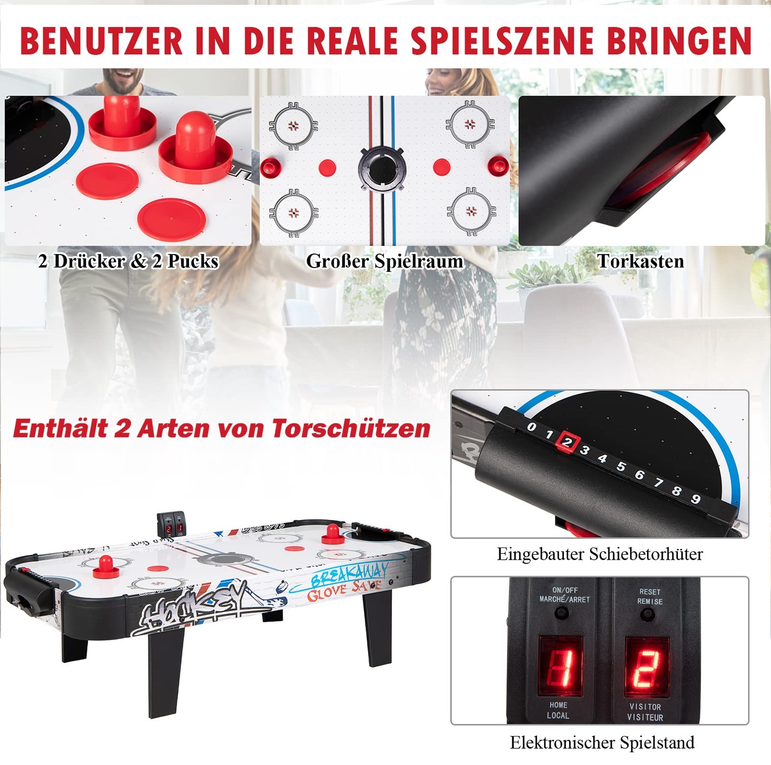 GOPLUS Airhockey Tisch, 42 cm Air Hockey Spieltisch mit Elektronischem Punktezähler & Motor, Lufthockey Tisch inkl. Pucks & Pushers & Tor, Tischhockey aus Holz, für Kinder & Erwachsene, für Zuhause