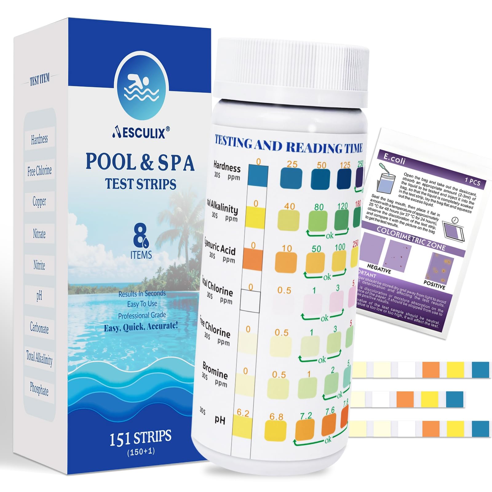 Tiras de prueba 8 en 1 para piscina, kit de prueba de agua de spa y jacuzzi, kit de prueba de agua de piscina para cloro libre, cloro total, bromo, pH, alcalinidad, dureza, ácido cianúrico