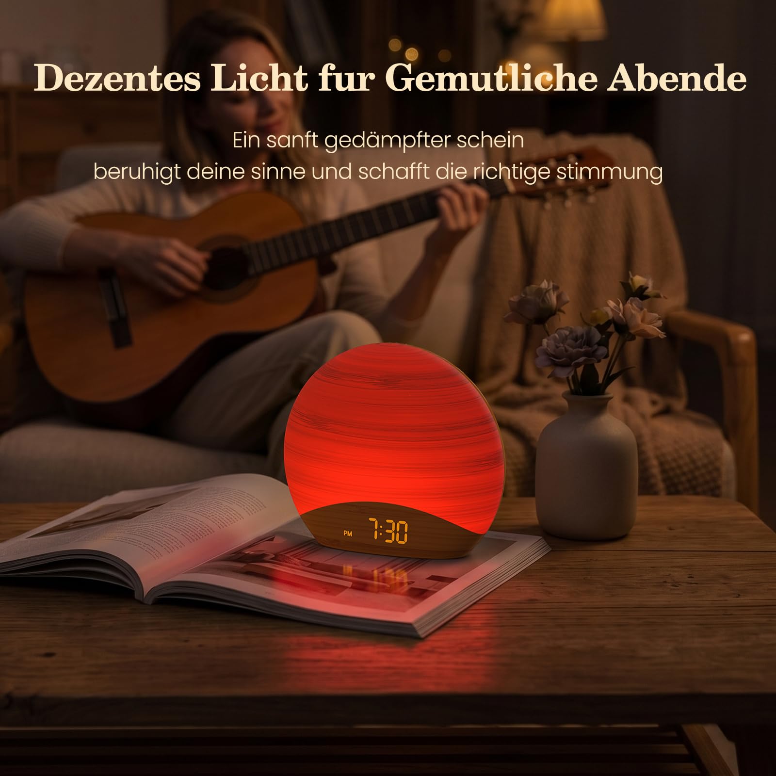 REACHER Lichtwecker Sonnenaufgang, Dimmbare Uhr, 26 Beruhigender Klängen, Nachttischlampe Holz für Schlafzimmer