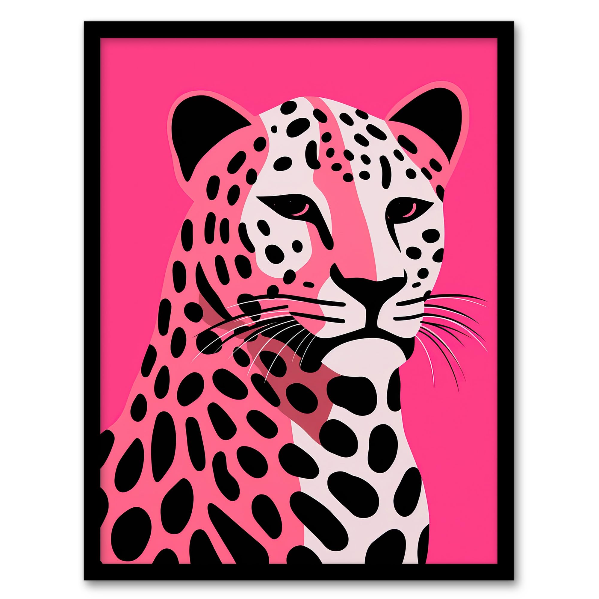 Artery8 Stylized Pink Black Leopard Bold Vibrant Risograph Screenprint Artwork Painting Artwork Framed Wall Art Print 18X24 Inch