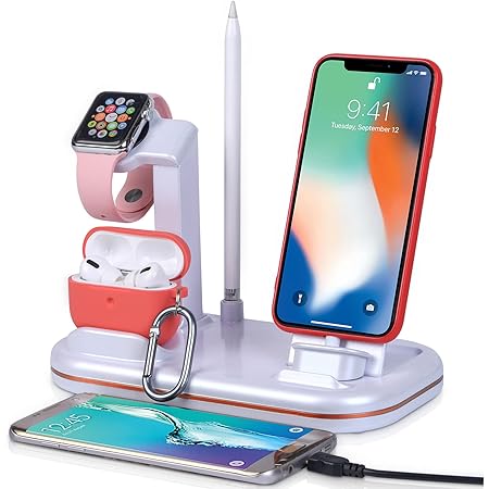 Lxtopdk Charging Stand for Apple Watch Charger, 4 in 1 Charger Station for Apple iWatch 7/6/SE/5, Build-in Charging Cable for iPhone 13/12/iPad/iPod/Airpods Pro,Pencil Holder with 2 USB Ports-White