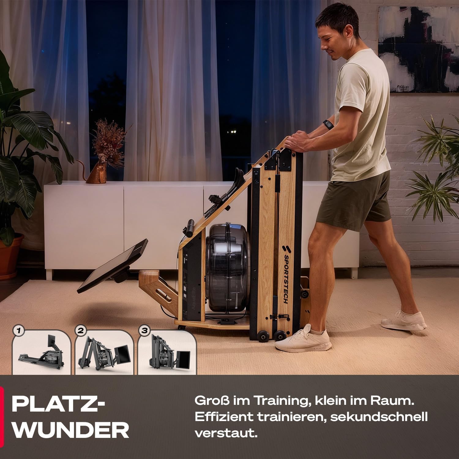 Sportstech AquaElite, Wasser Rudergerät für zu Hause, authentisches Rudererlebnis, Cardio und Ganzkörpertraining, Massivholz, klappbar, LED-Wassertank, 10,1" oder 21,5" Display mit App