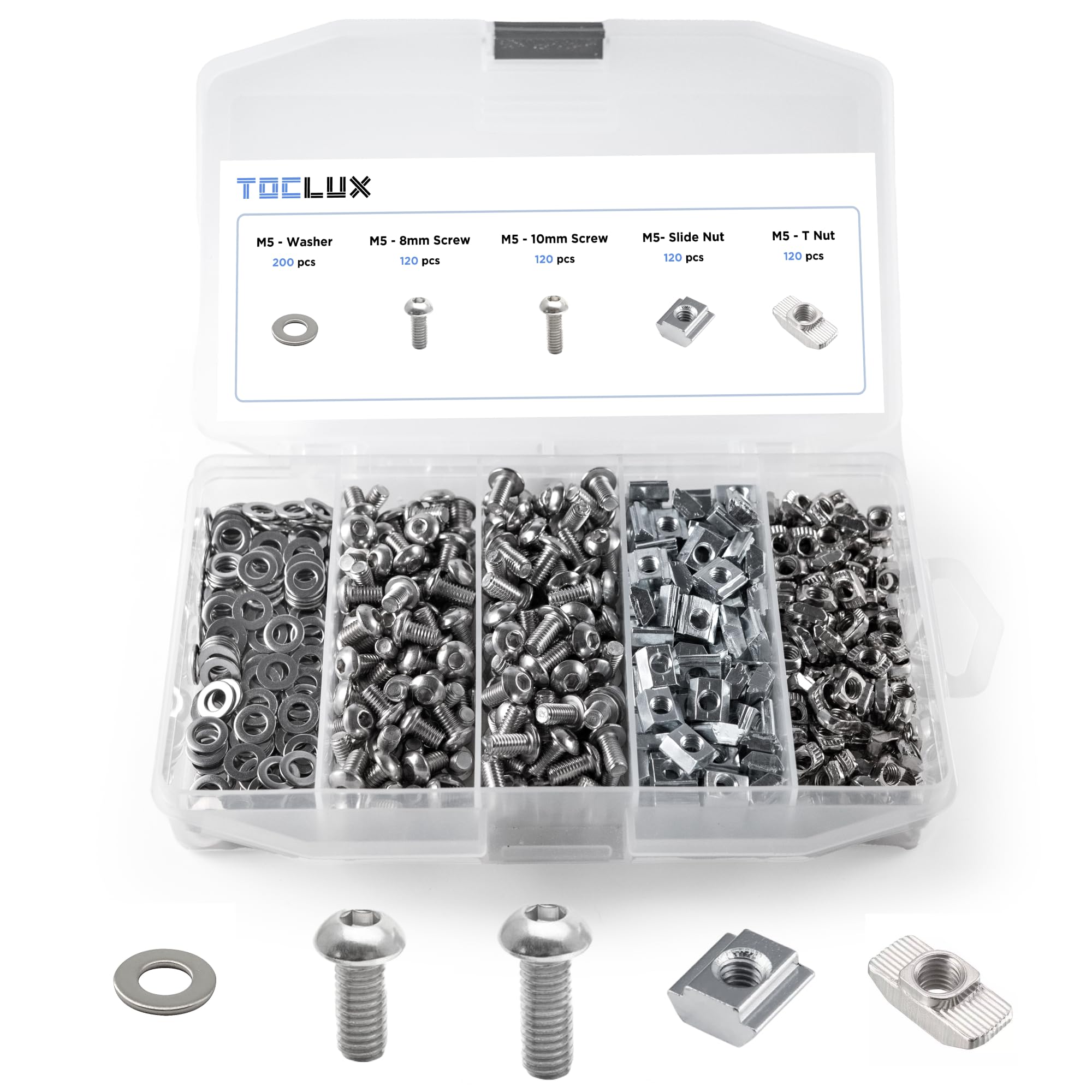 680 pcs 20 Series Aluminum Extrusion Silver M5 T-Nut and Screw Kit – Sliding &amp; Drop-in T-Nuts, M5x8mm &amp; M5x10mm Screws, Washers – for 6mm T-Slot Accessories Extruded Aluminum Hardware