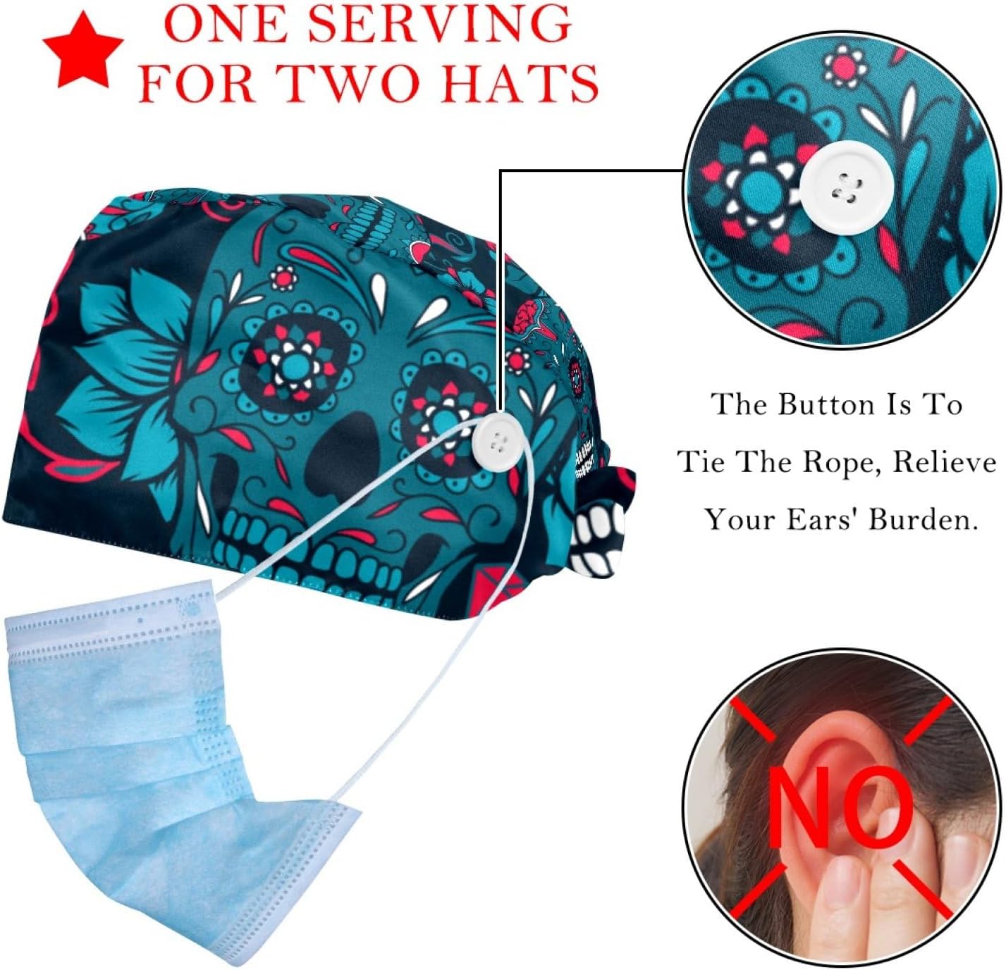 2 Packs Colorful Hand Drawn Dinosaur Scrub Caps Women Nurse Hats with Buttons Adjustable Bouffant Nurse Ponytail Holder image 2