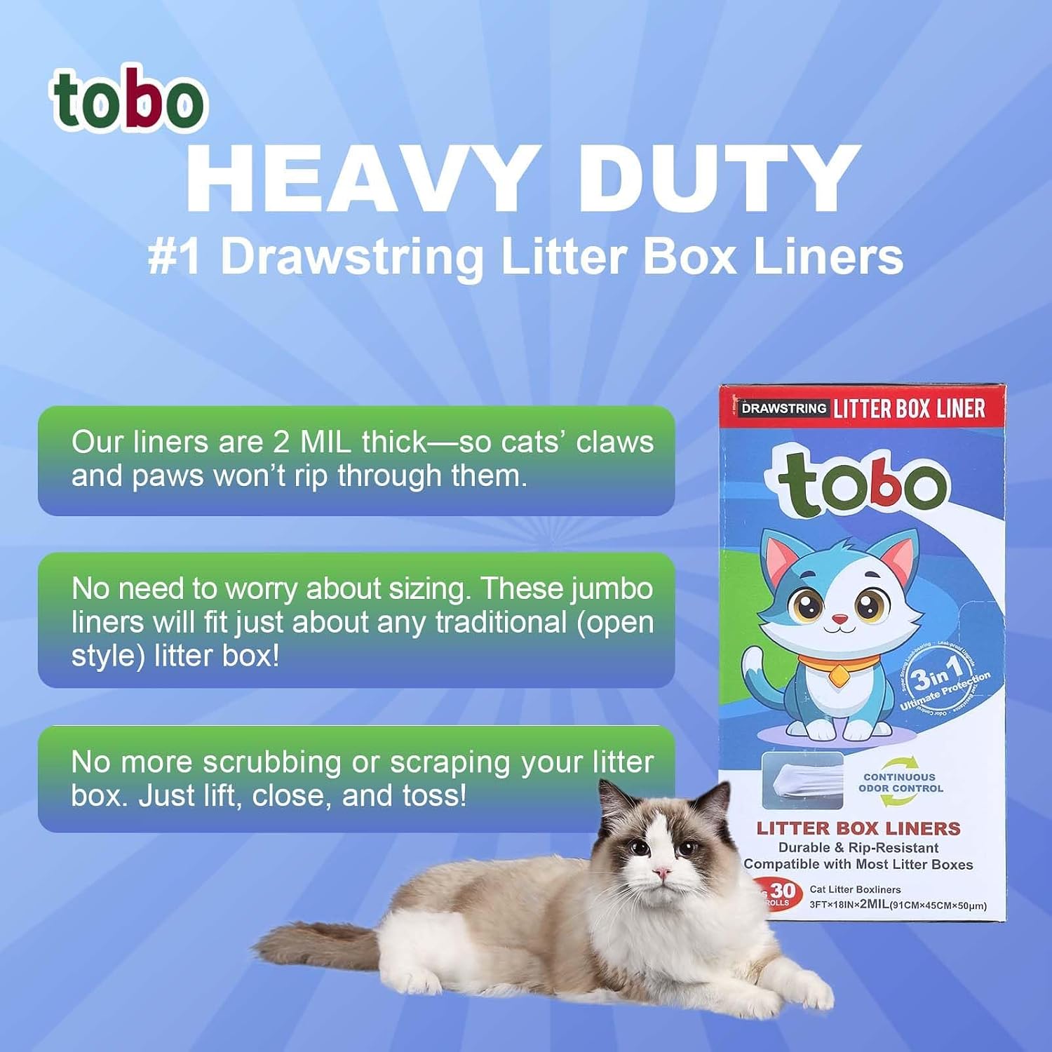 Tobo Cat Litter Box Liners, 30 Count, 2 Mil Extra-Durable Drawstring Bags (37" x 17") with Tie Handles + Reusable Canvas Tote Bag, Leak-Resistant, Easy Clean-Up for Most Standard & Large Litter Pans