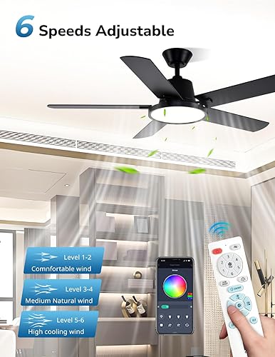 Miniatura 7 de Orison Ventiladores de techo con luces, ventilador de techo de 52 pulgadas de perfil bajo con luz de fondo RGB, ventilador de techo empotrado con