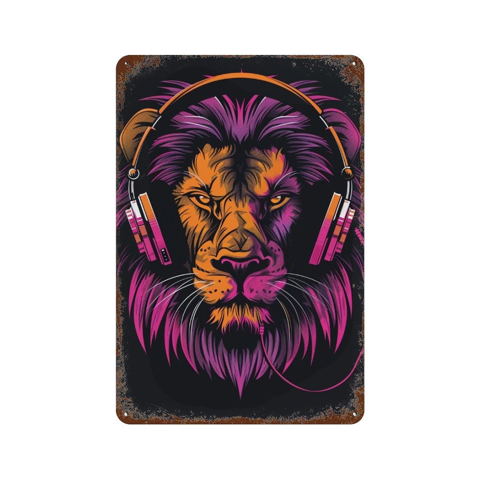 Music Lion Headphones Art Print Decorative Tin Sign 11.8"x7.9", Industrial Home Decor for Garage, Pub Or Kitchen